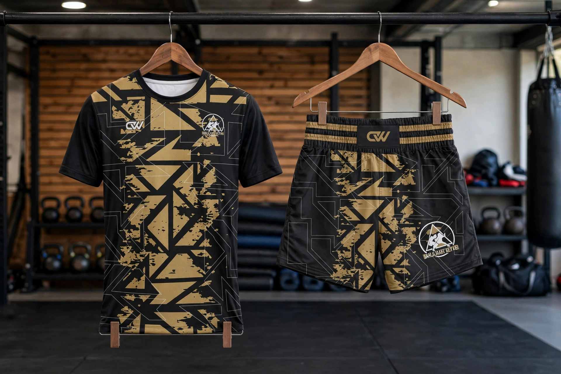 Black gold geometric shattered camo t-shirt and shorts set hanging on wooden hangers in BJJ academy gym with mats and kettlebells - outfit your team for absolute mat dominance