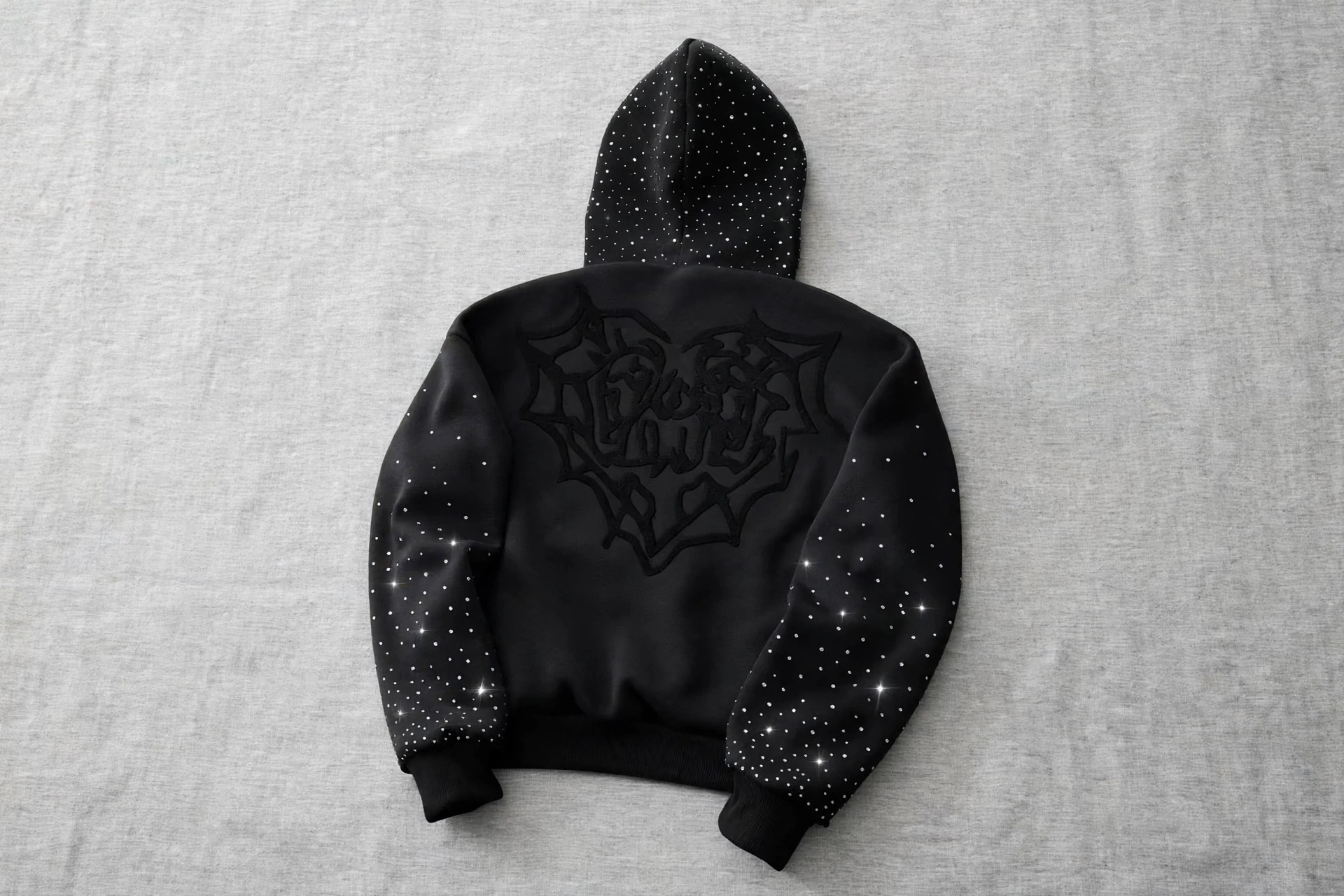 Black rhinestone embellished hoodie with crystal studded hood sleeves and embroidered heart web graphic on back - premium hoodies and sweatshirts heavyweight fleece 1536x1024