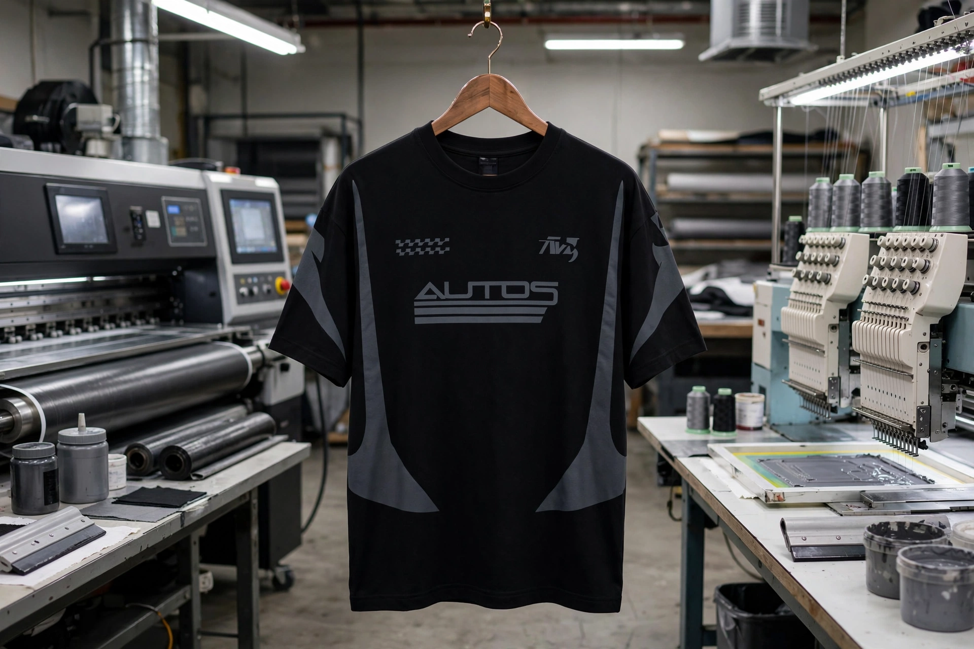 Black ALTOS racing graphic t-shirt with grey geometric panels hanging on wooden hanger in state-of-the-art printing and embellishment factory with full-digital sublimation and high-density puff screen printing and direct embroidery machines - wholesale custom printing