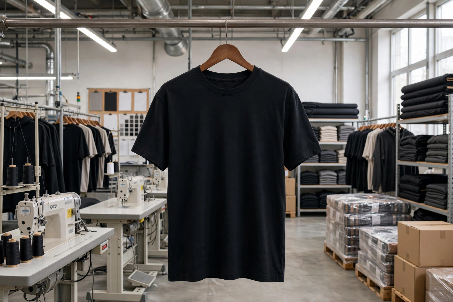 Plain black oversized heavyweight t-shirt hanging on wooden hanger in streamlined production scalability factory with sewing machines and retail collections inventory - wholesale custom tees manufacturing