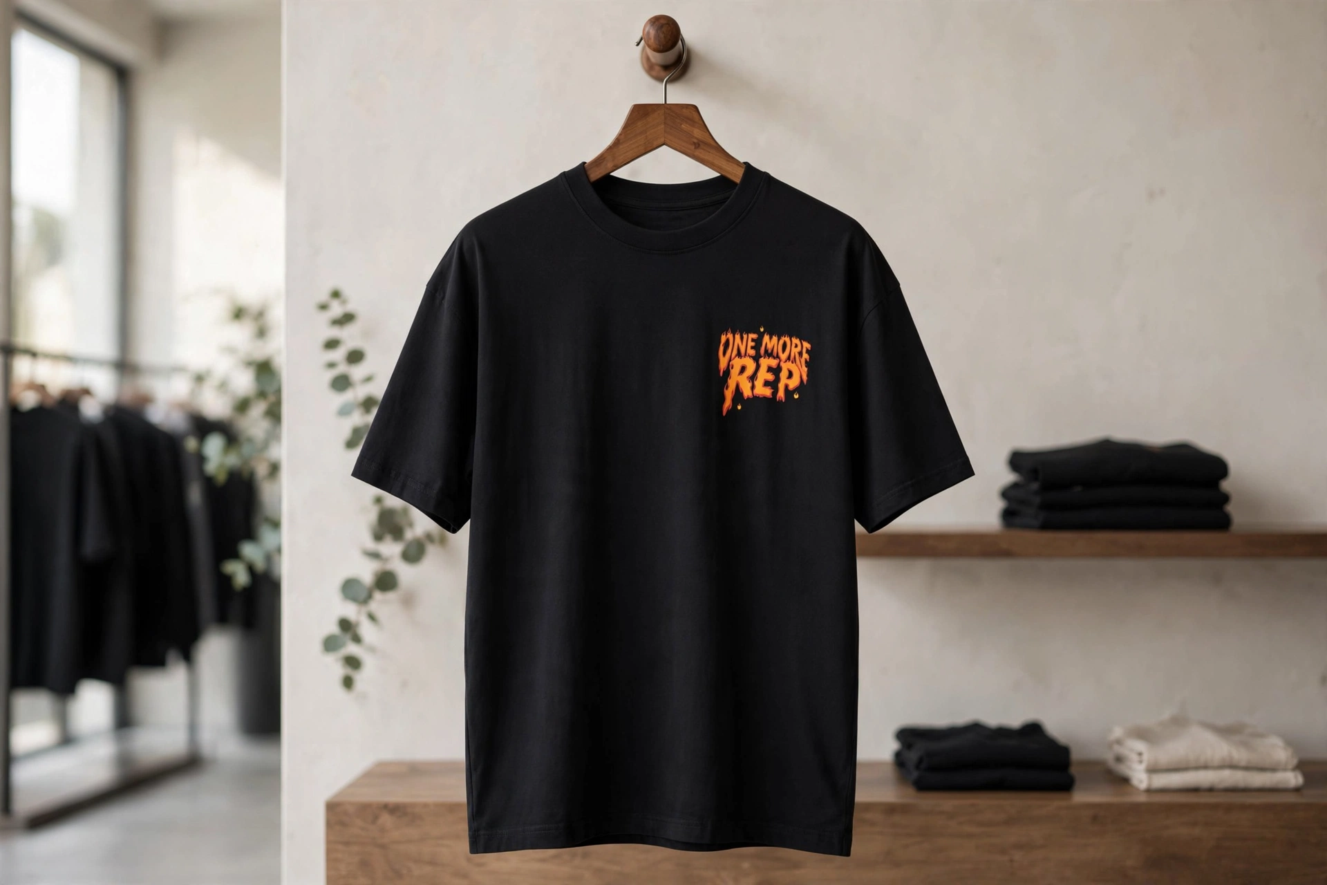 Black ONE MORE REP flame graphic t-shirt hanging on wooden hanger in premium brand elevation showroom with luxury streetwear and corporate golf polo folded stacks - factory-direct pricing and unmatched customization freedom by Deuka Wears