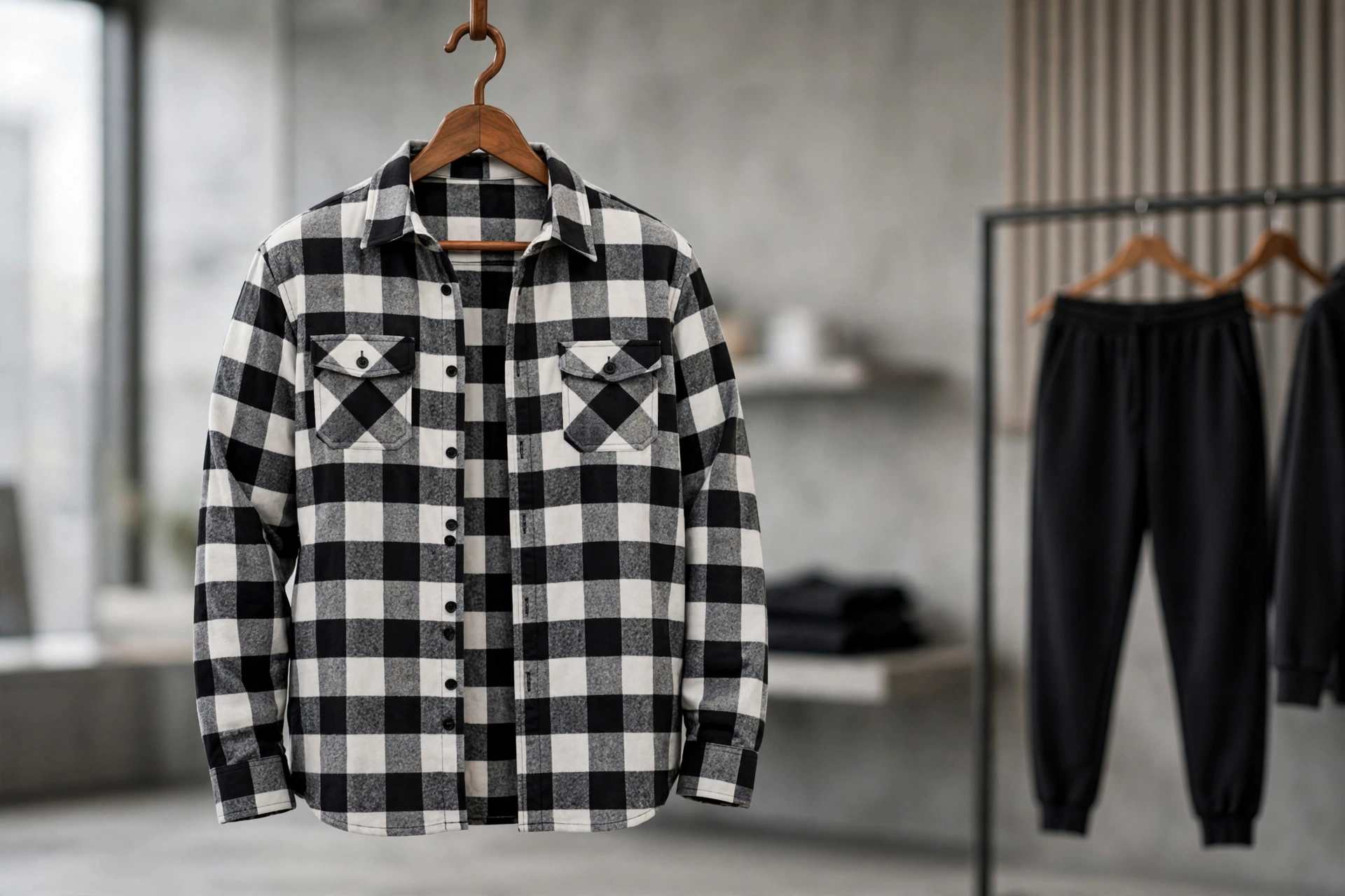 Black and white buffalo check plaid flannel overshirt hanging on wooden hanger in modern urban studio with black tapered tech-fleece jogger pants on rack - tailored athletic jogger fit clean tapered silhouette