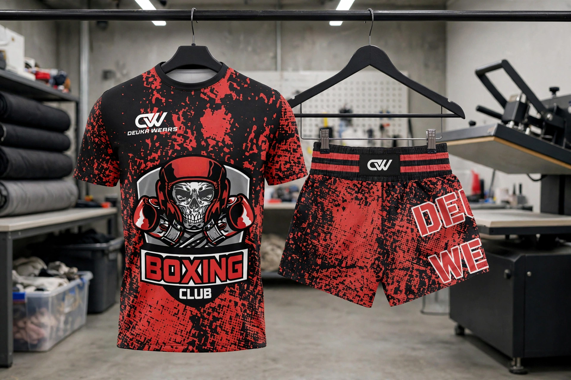 Black red splatter Boxing Club skull helmet t-shirt and shorts set hanging on rack in sublimation production floor with heat press machines - state-of-the-art sublimation and embellishment techniques