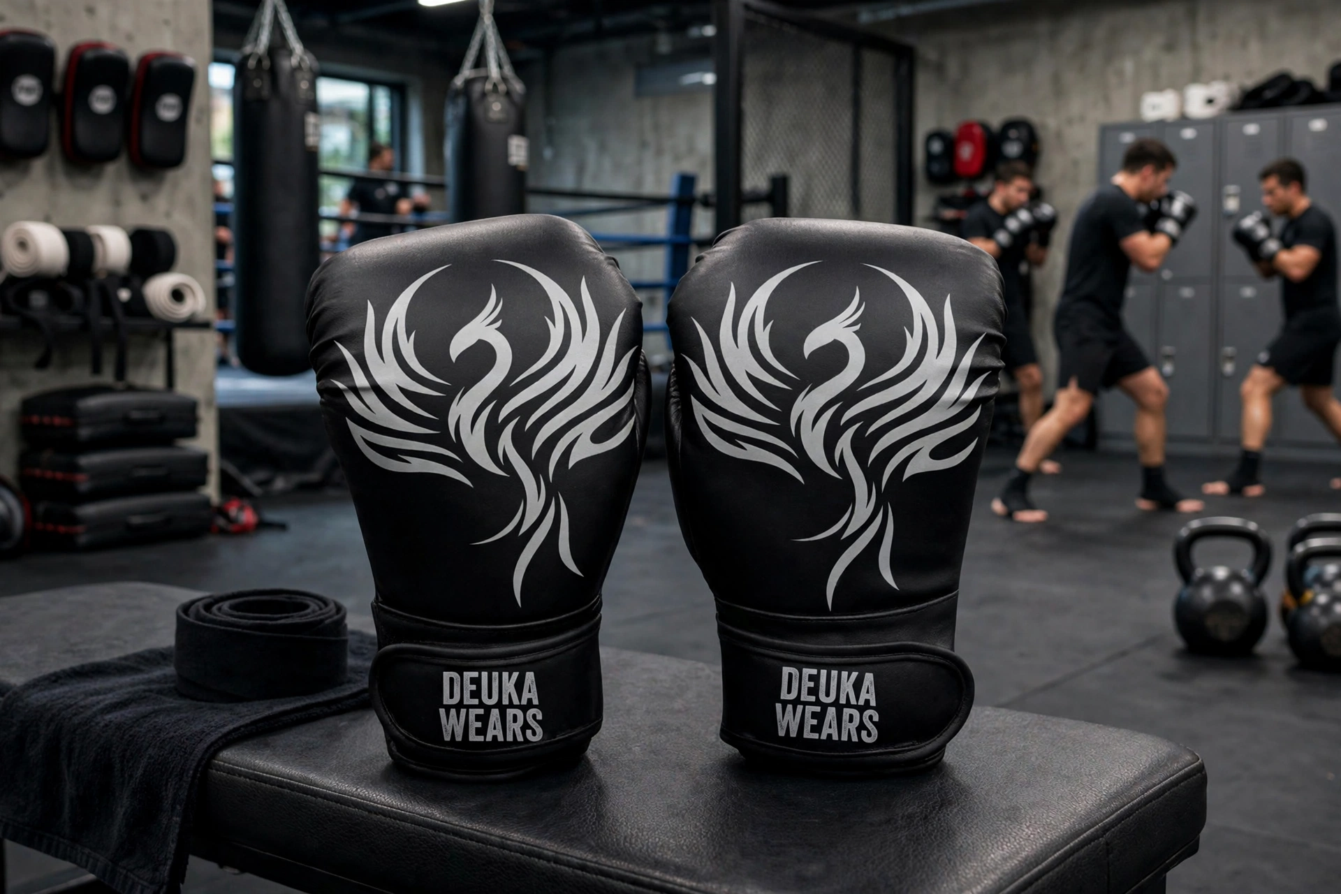 Black Deuka Wears boxing gloves with silver phoenix tribal on gym bench with martial arts academy fighters training in background - outfit team gym safety performance