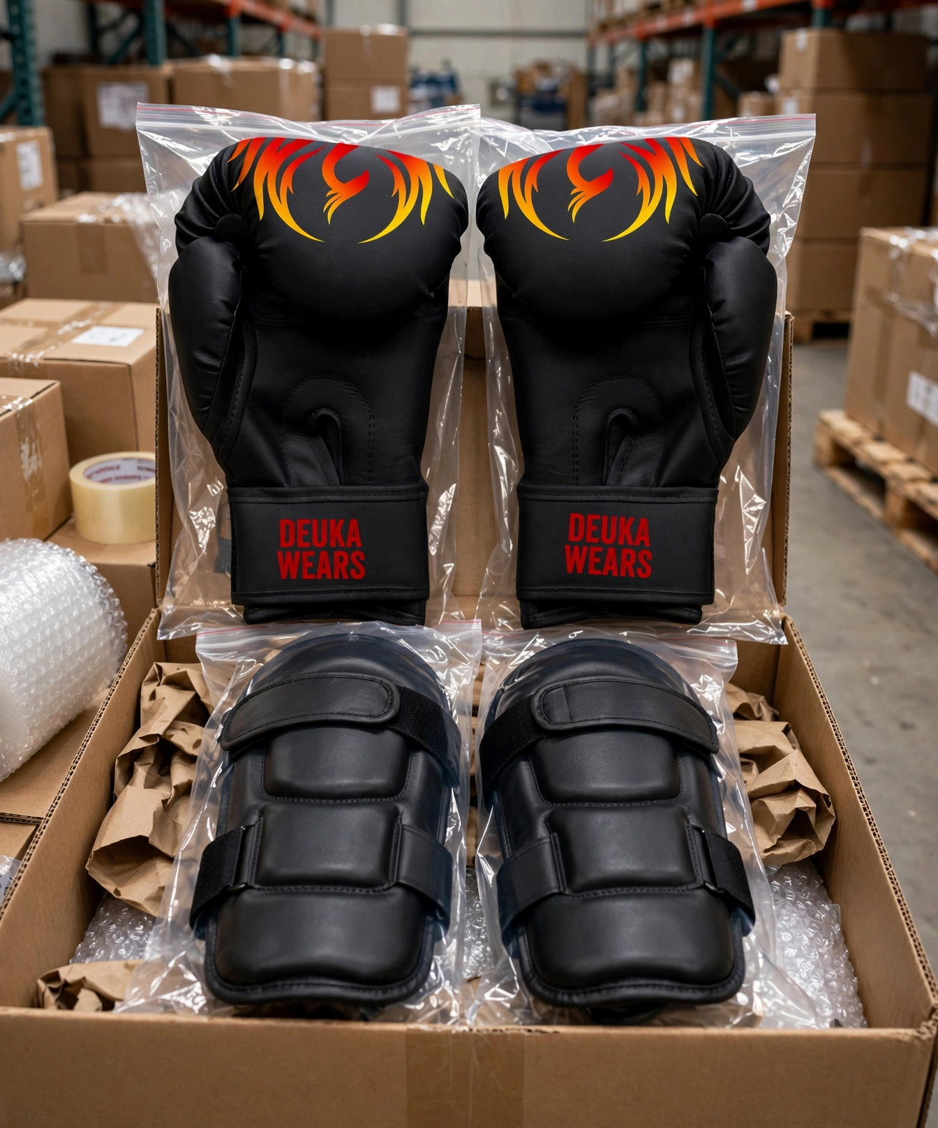 Black Deuka Wears boxing gloves with orange yellow flame in protective polybags inside master carton with shin guards in warehouse - global logistics shipping