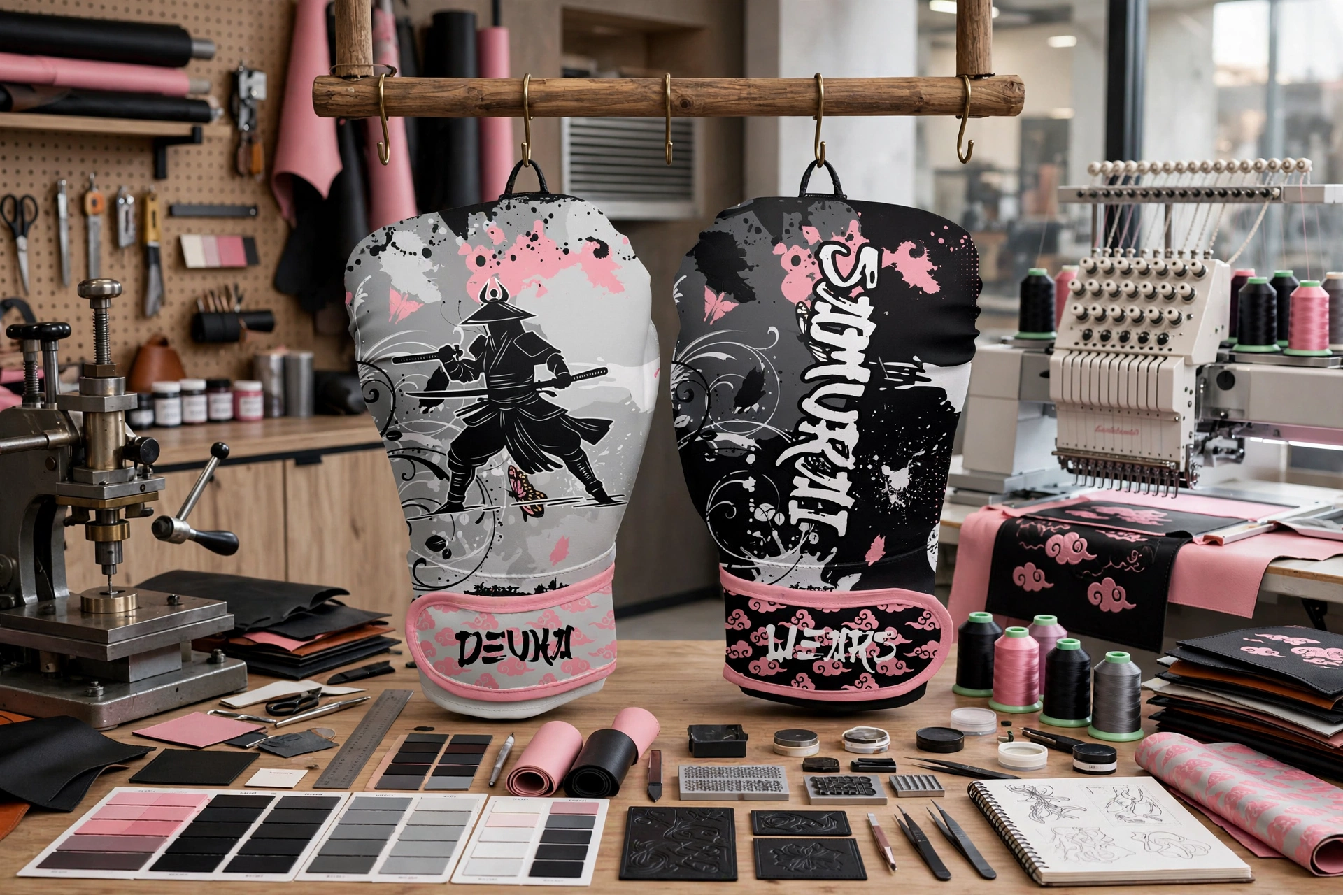 Samurai Deuka Wears boxing mitts with pink black splatter hanging in customization studio with embossing press and embroidery machine - state-of-the-art customization and branding techniques