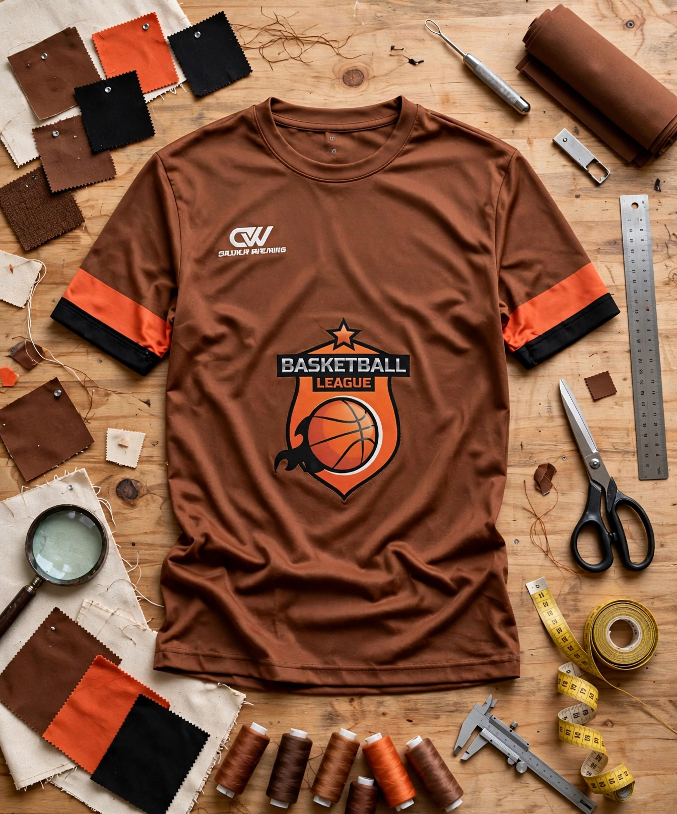 Brown Basketball League jersey with orange black sleeve stripes flat on wooden quality control table with fabric swatches thread spools measuring tools - physical sample prototyping 423x509