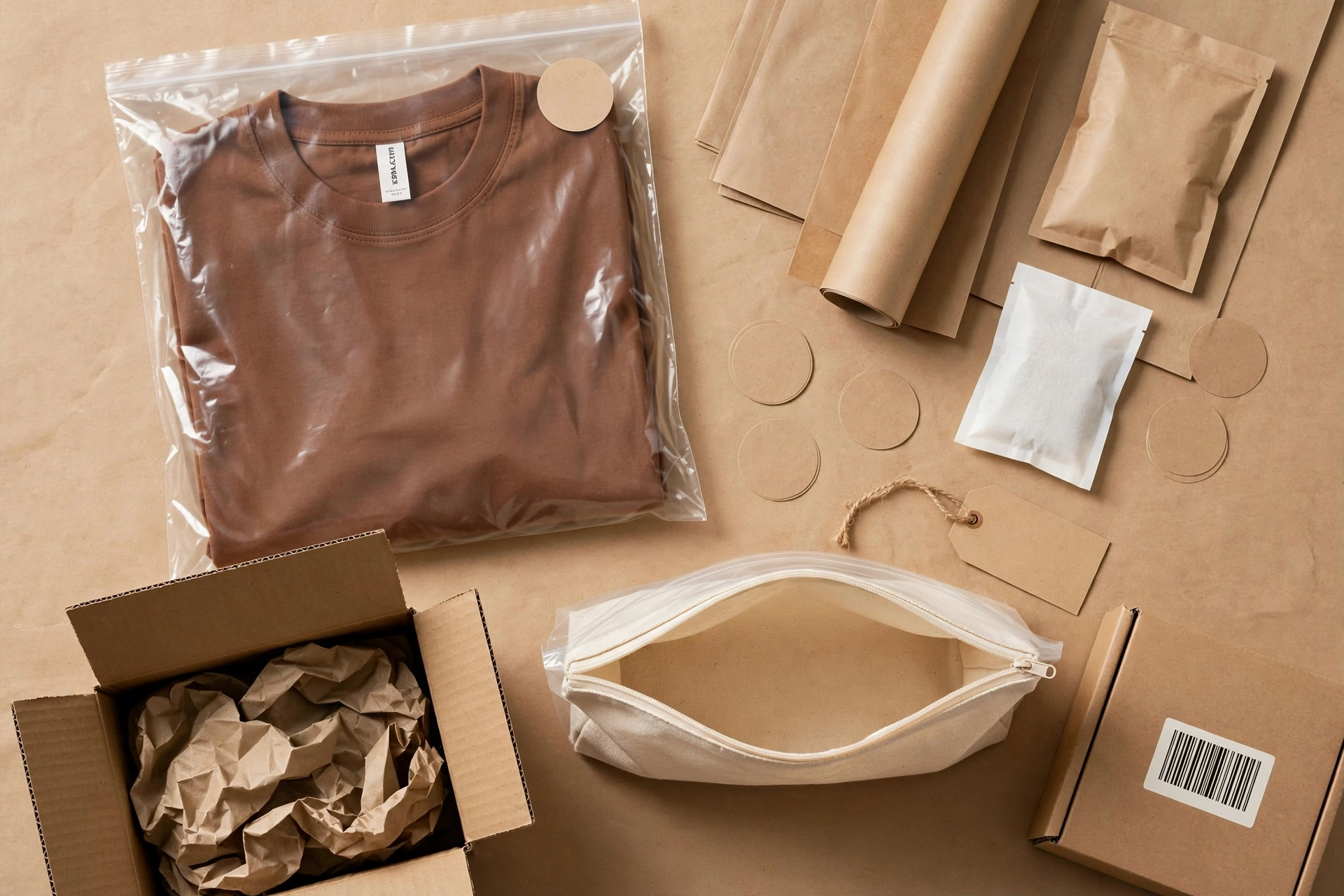 Brown oversized t-shirt in clear poly-bag with size sticker on kraft paper alongside custom-branded zip bag, eco-friendly kraft pouches, silica gel, barcode box and open shipping carton - specialized retail-ready packaging 1536x1024