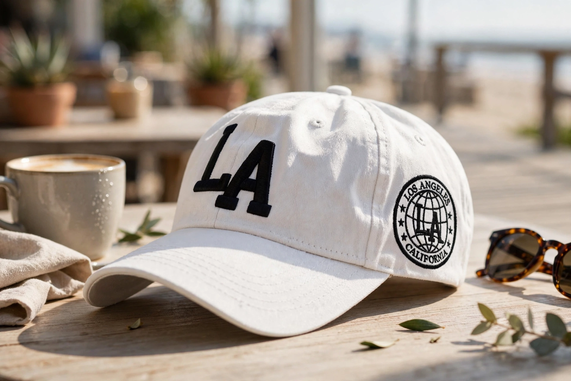 White relaxed low-profile dad hat with black LA embroidery and Los Angeles California globe patch on wooden table with coffee and sunglasses - unstructured curved visor casual everyday look