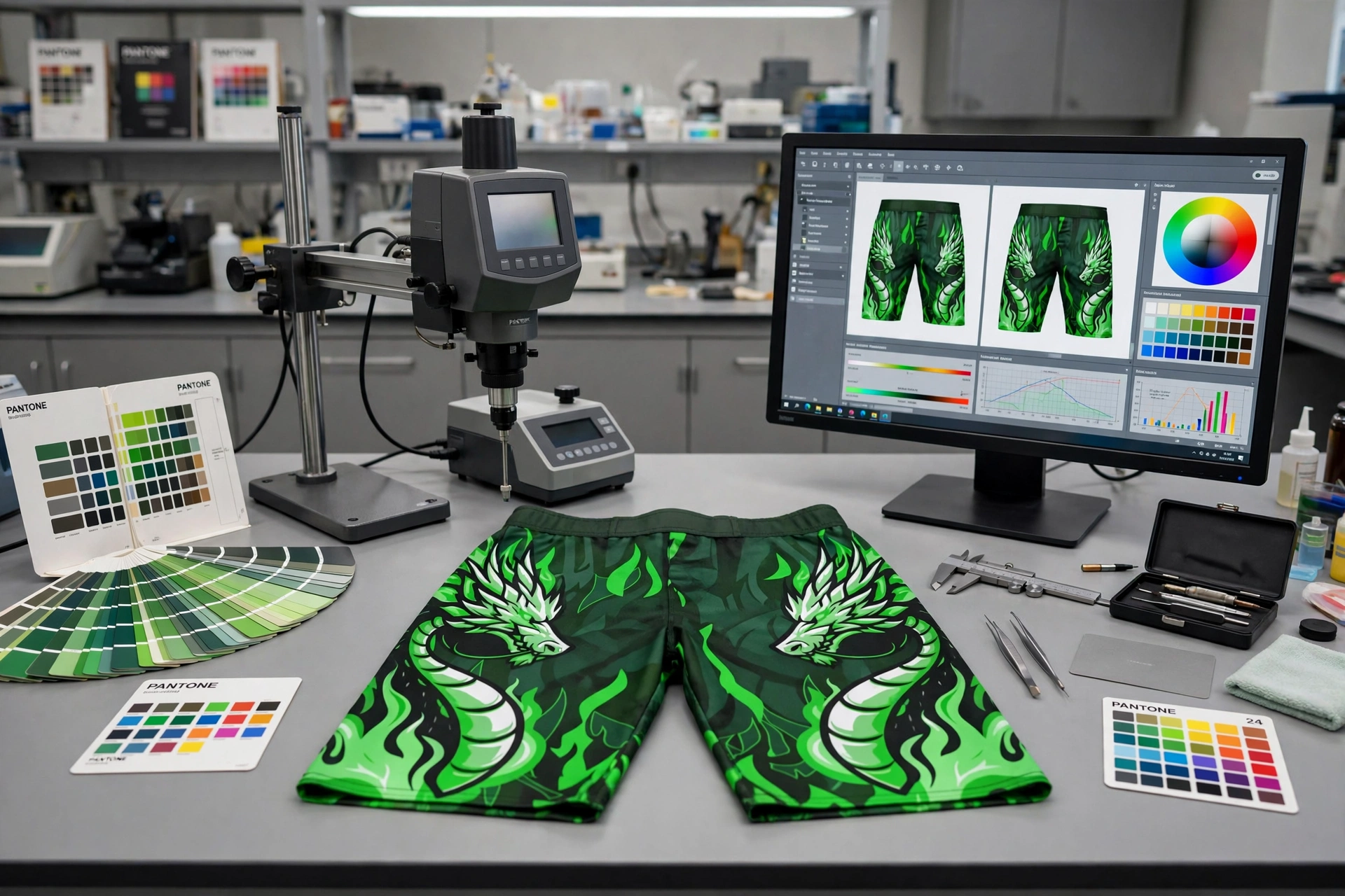Dark green shorts with bright green double dragon flame all-over print on lab table with spectrophotometer and monitor showing digital color management and Pantone PMS calibration charts - precision engineering 1536x1024