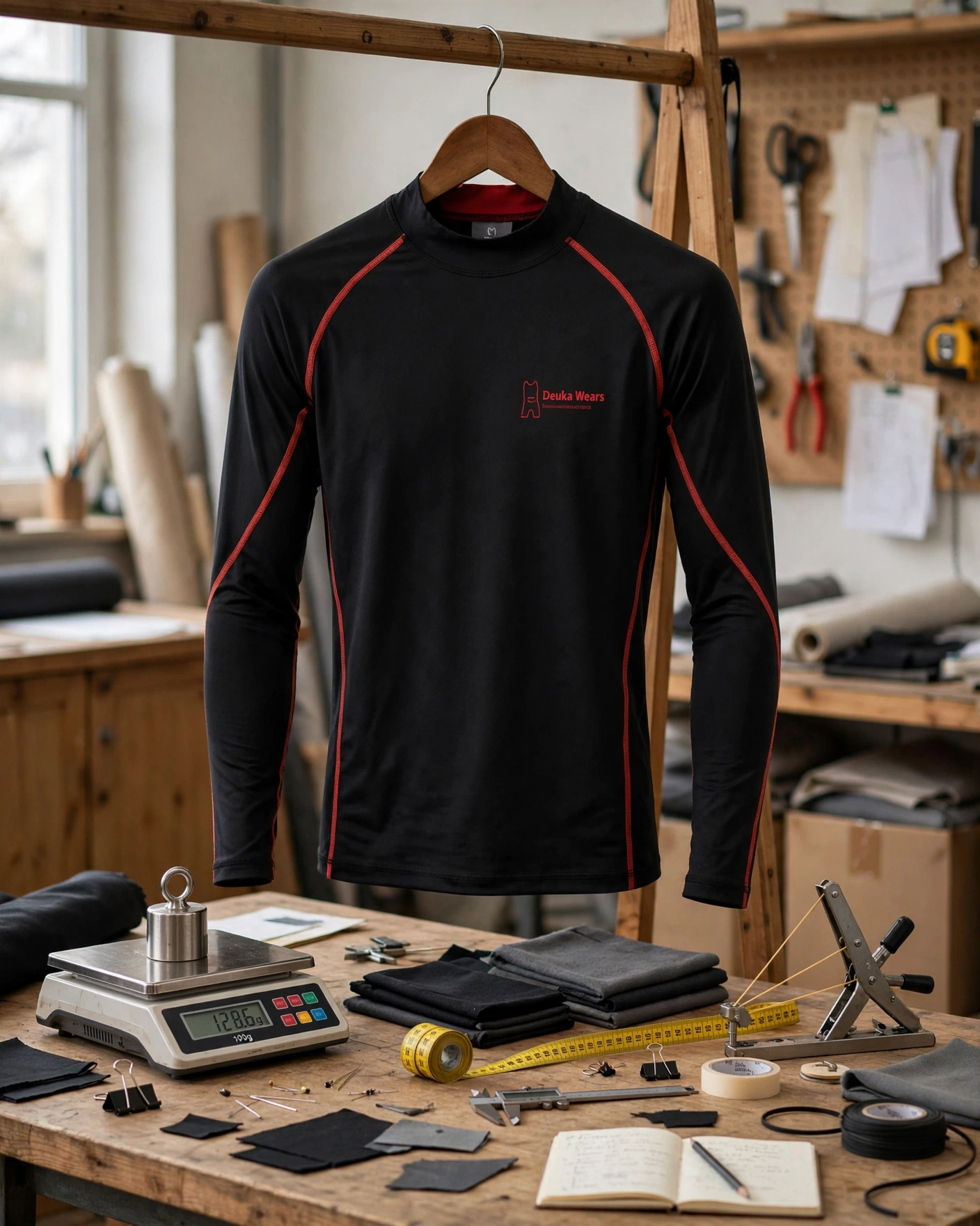 Black red piping long-sleeve mock neck compression rash guard hanging on wooden hanger in sample prototyping workshop with fabric weight scale and stretch tester - sample prototyping