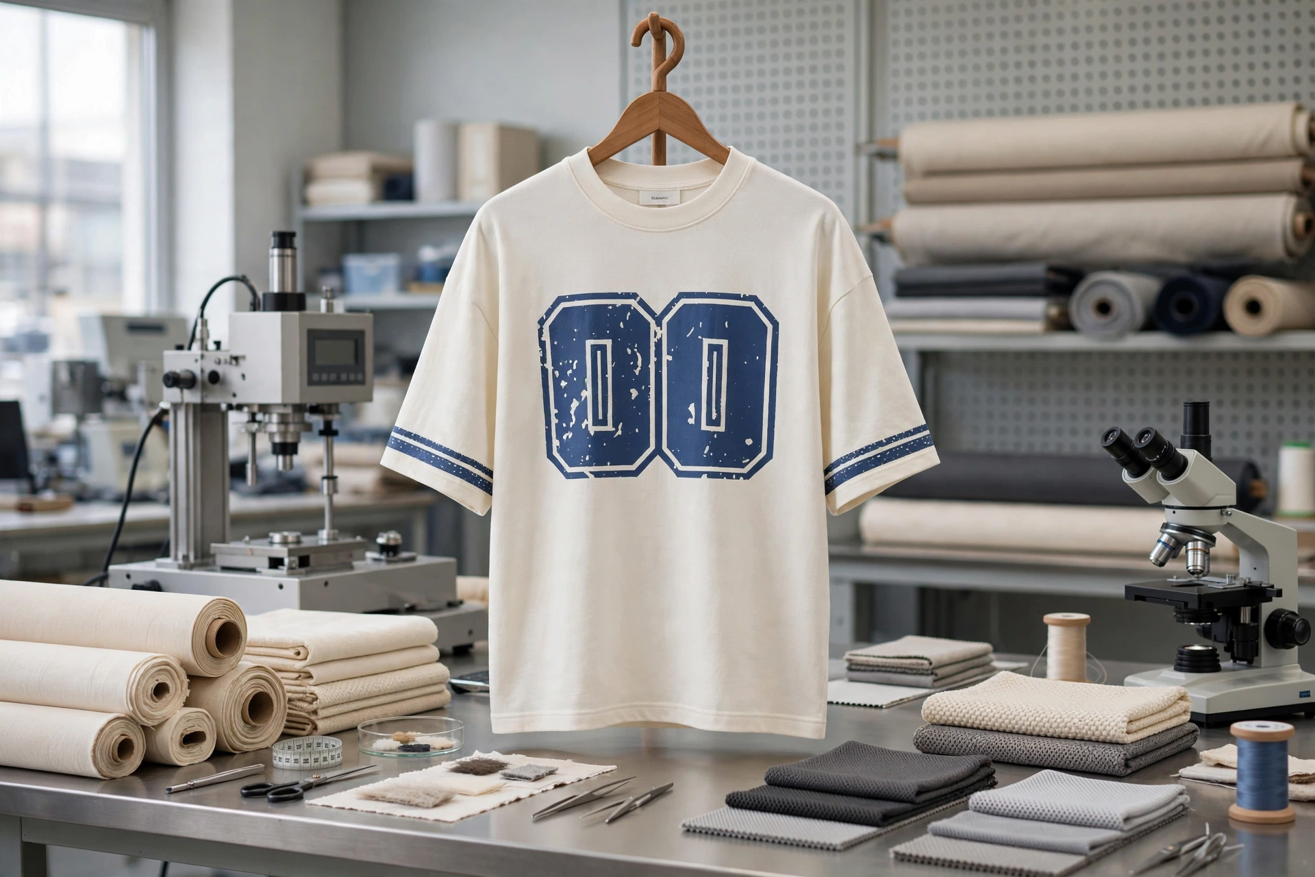 Off-white oversized t-shirt with blue distressed 00 graphic and striped sleeves hanging on wooden hanger in advanced technical fabrics lab with combed ring-spun cotton jersey and pique and dry-fit micro-mesh rolls - wholesale custom apparel
