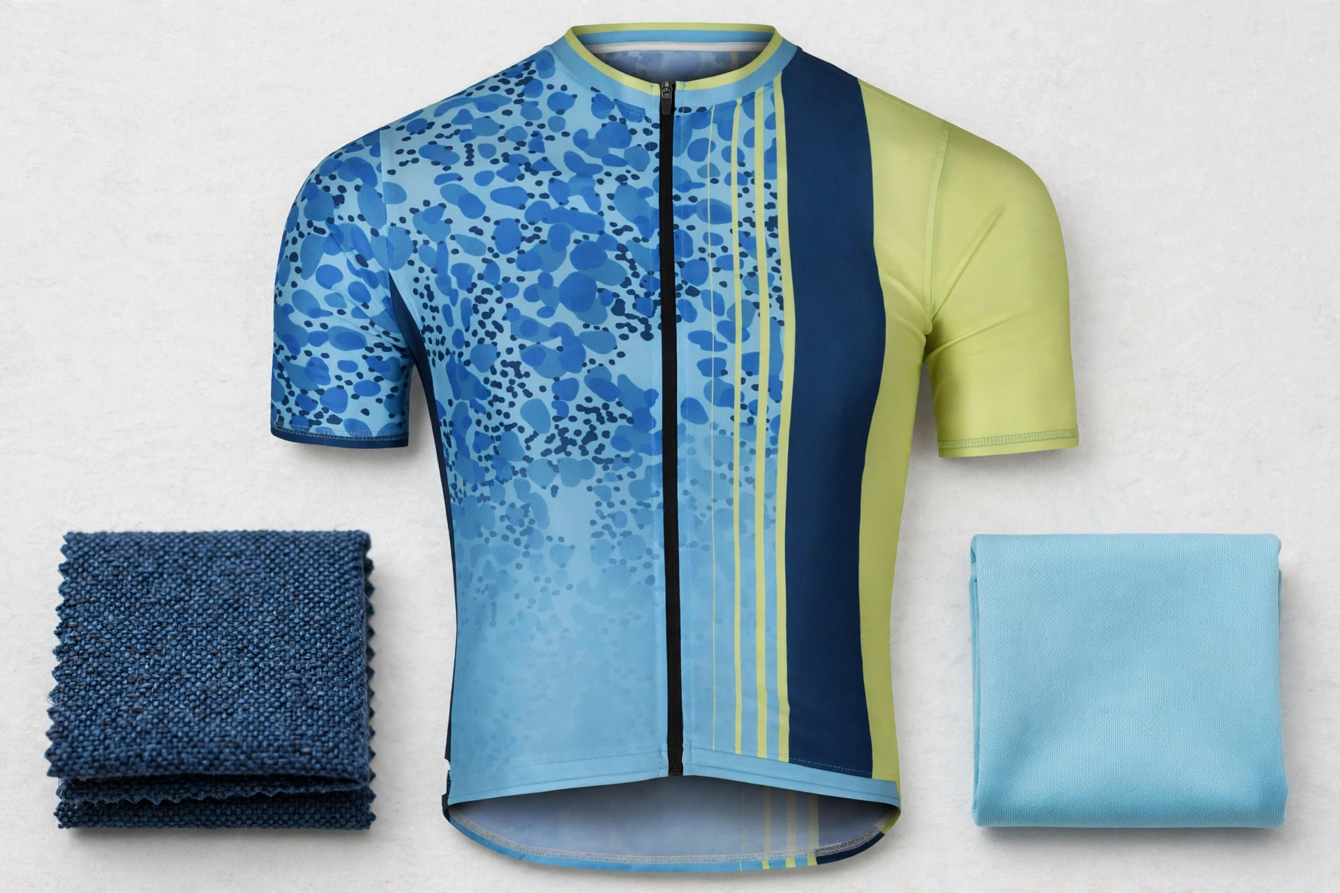 Deuka Wears light blue spotted cycling jersey centered between heavy-duty rugby anti-grab polyester weave swatch and lightweight aerodynamic 4-way stretch spandex weave swatch — sport-specific fabric engineering 1536x1024