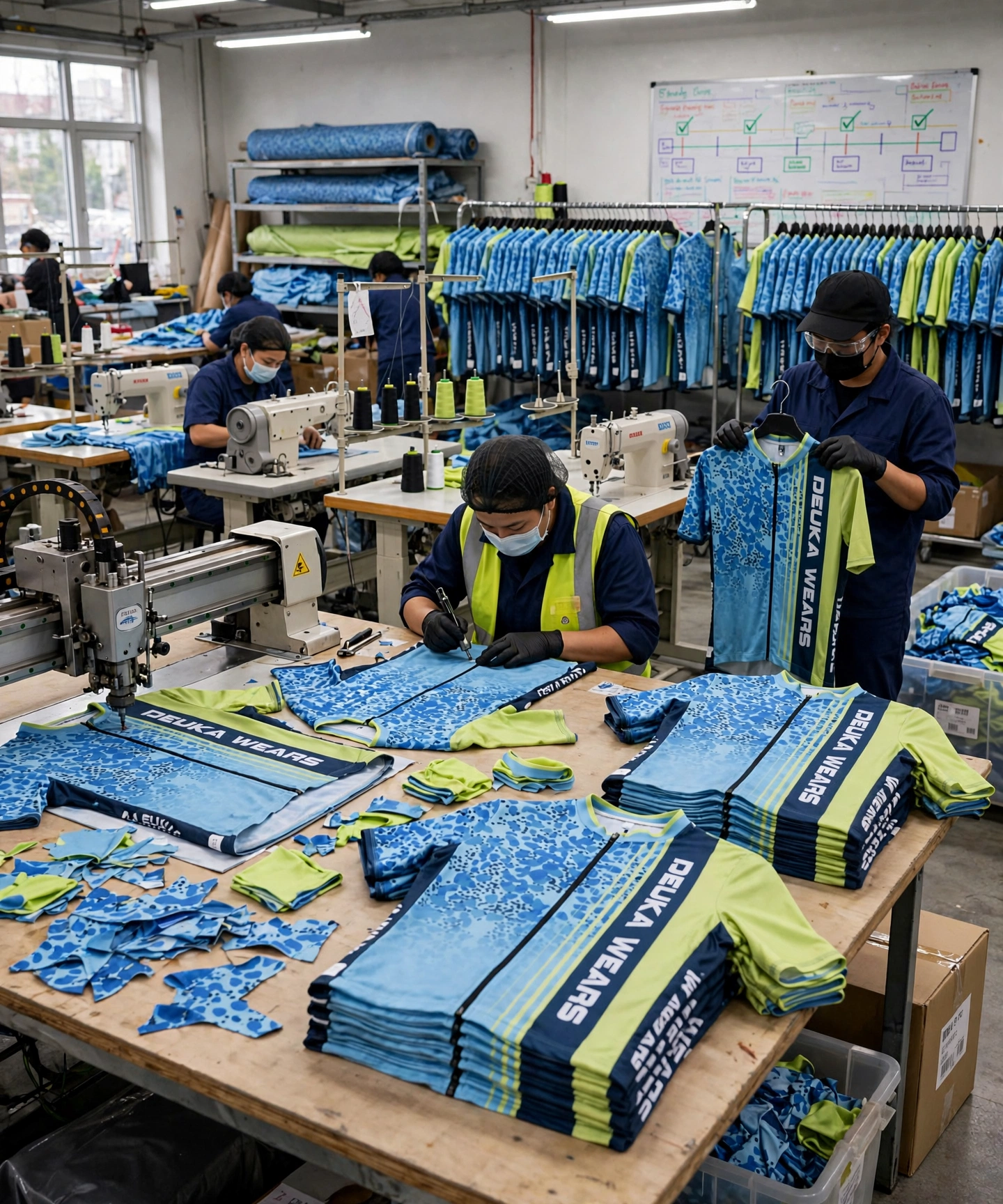 Mass production factory executing bulk order light blue Deuka Wears cycling jerseys timeline quality control checkpoints