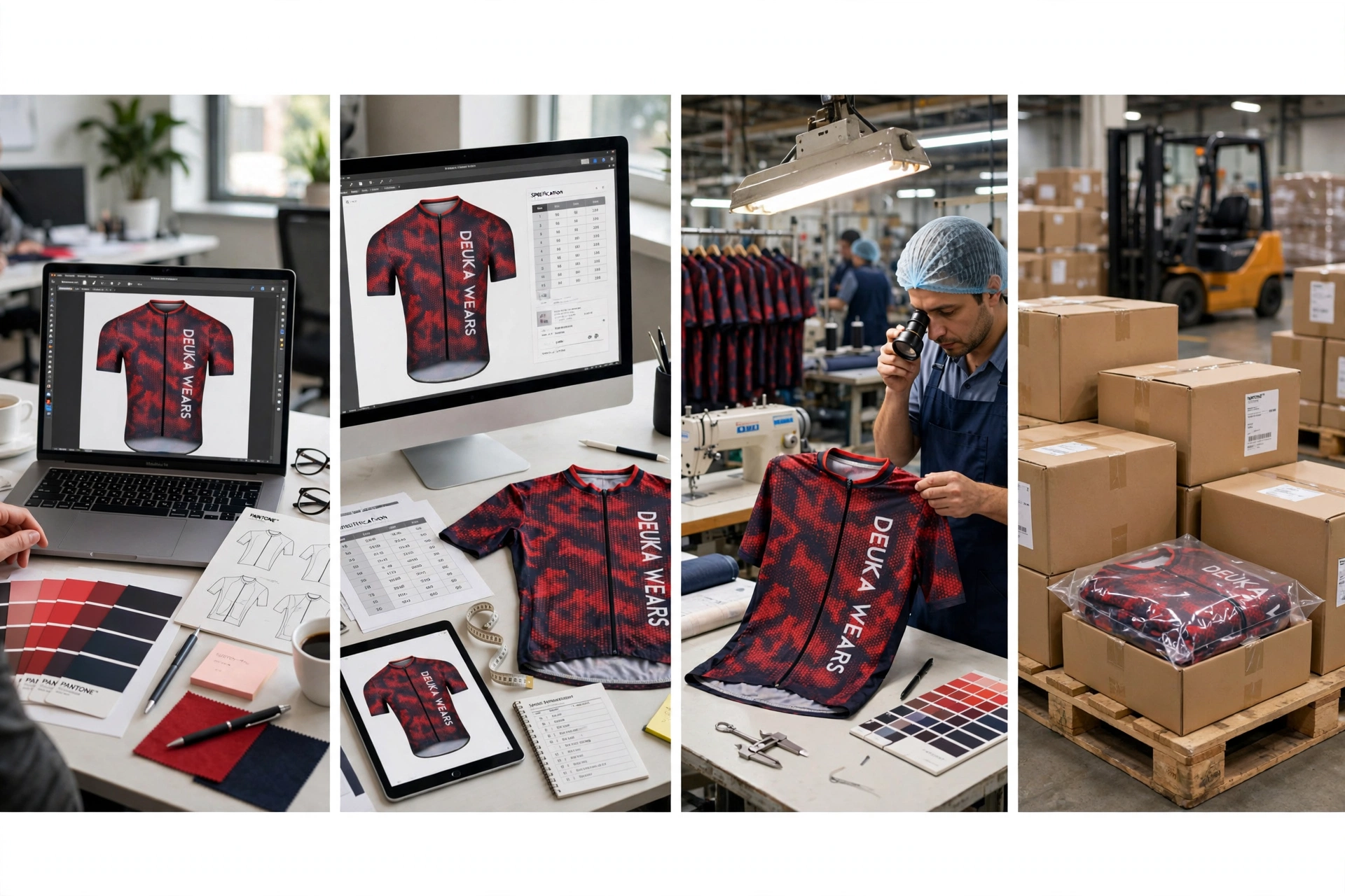Step by step guide ordering custom cycling kits red Deuka Wears jersey design consultation sample approval mass production quality control global logistics