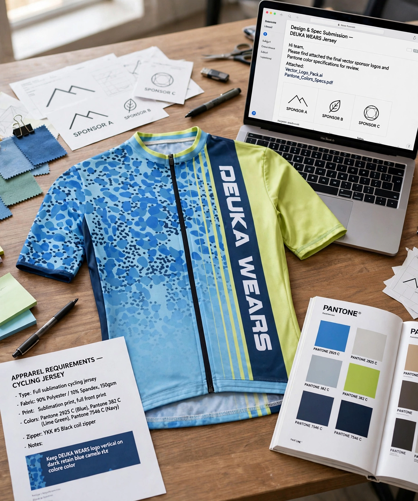 Design and spec submission light blue Deuka Wears cycling jersey with Pantone colors vector sponsor logos apparel requirements on desk