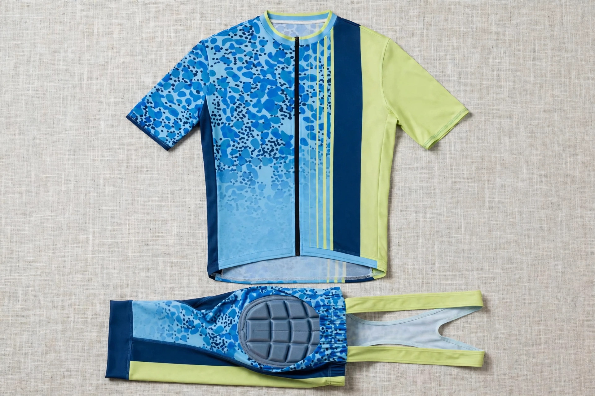 Coordinated blue Deuka Wears cycling jersey and bib shorts with matching color tones gel padded chamois ensuring visual and functional harmony