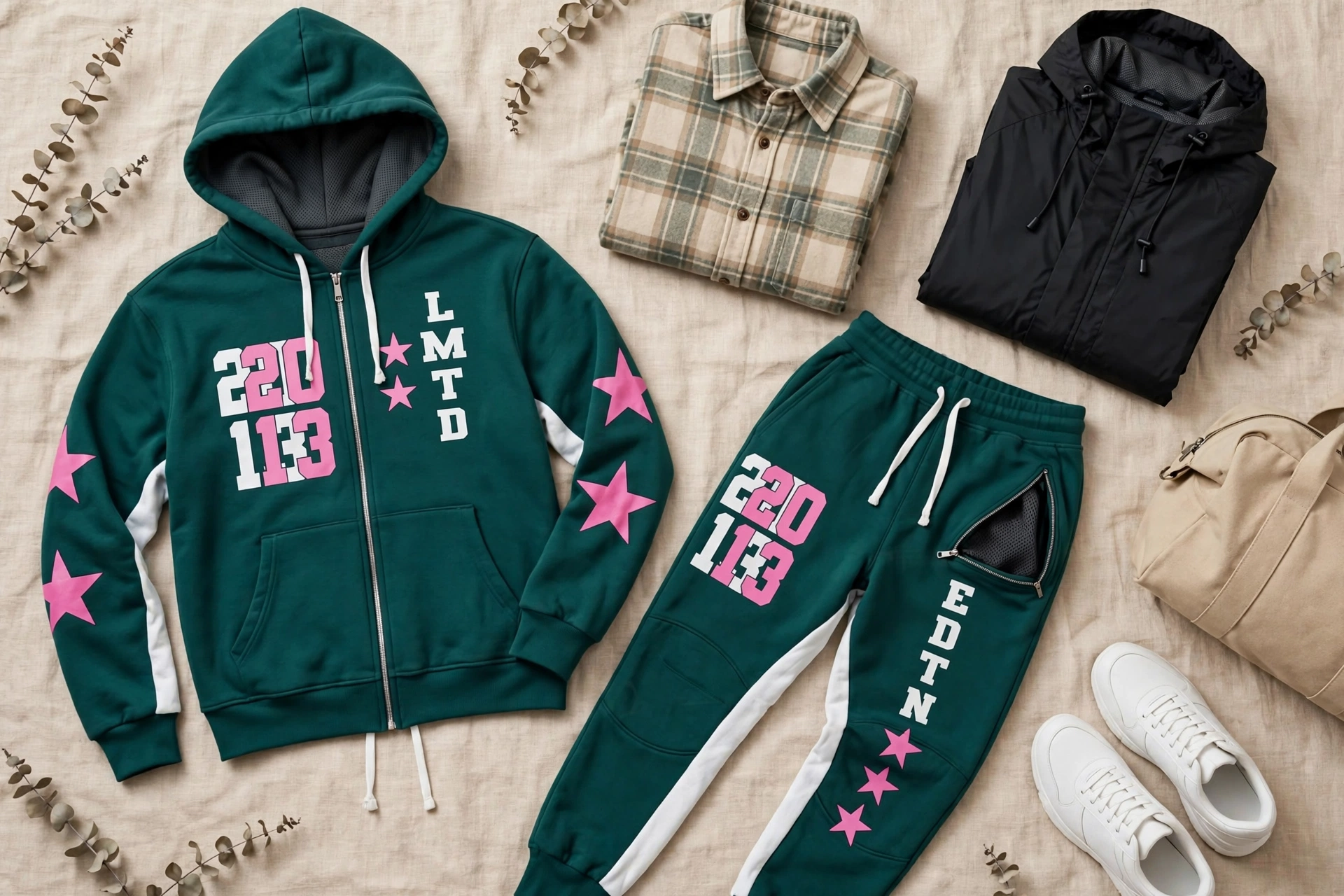 Dark green 220 113 LMTD EDTN tracksuit with pink stars white side panels and zip hoodie joggers flatlay with flannel shirt and water-resistant travel jacket - tracksuits and flannel shirts lifestyle travel apparel 1536x1024