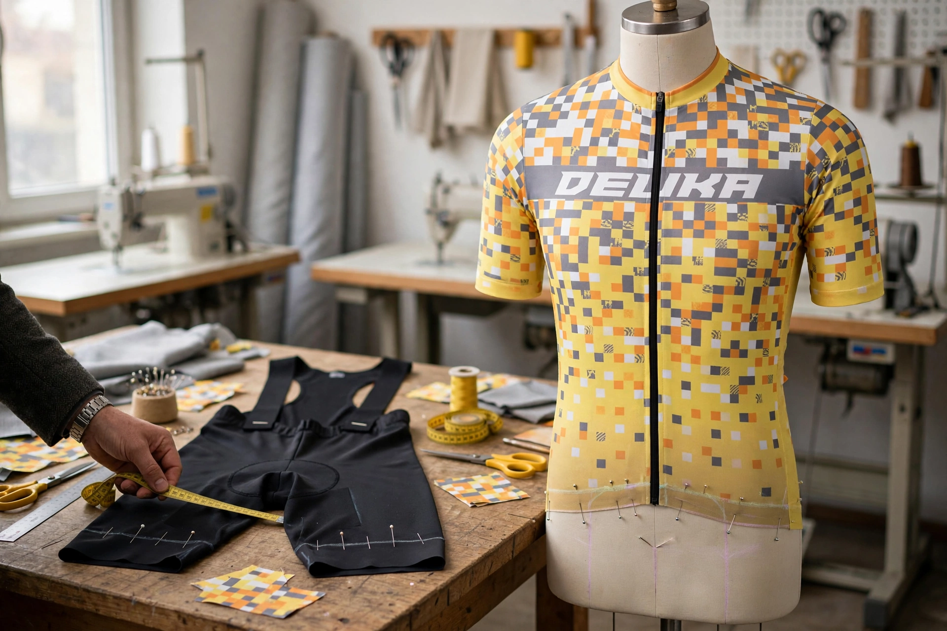 Custom length alterations yellow Delika cycling jersey bib short inseam torso length extensions tall athletes tailored appearance