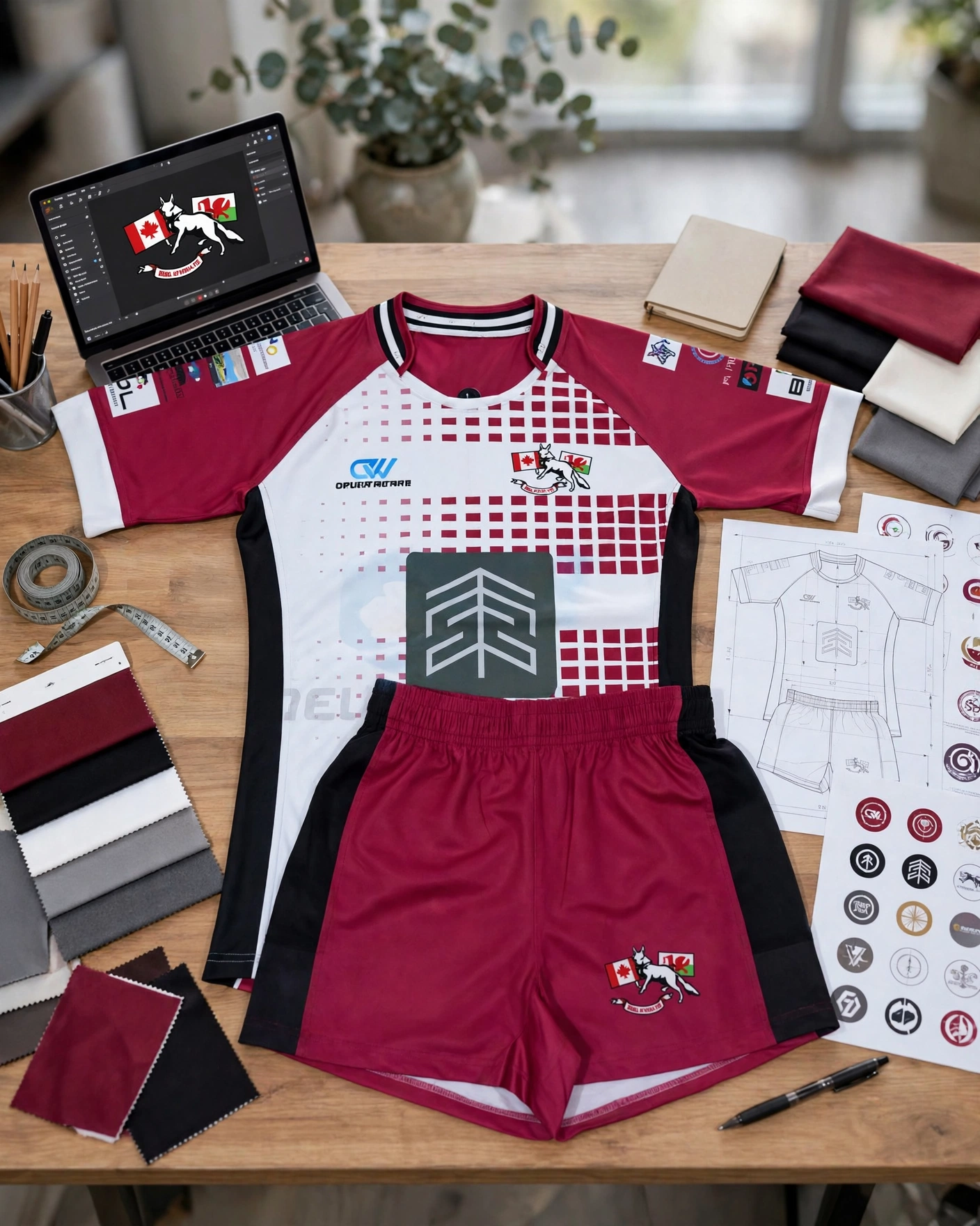 Design and spec submission workspace with maroon white rugby kit vector club crest on laptop sponsor logos and apparel specification sheets