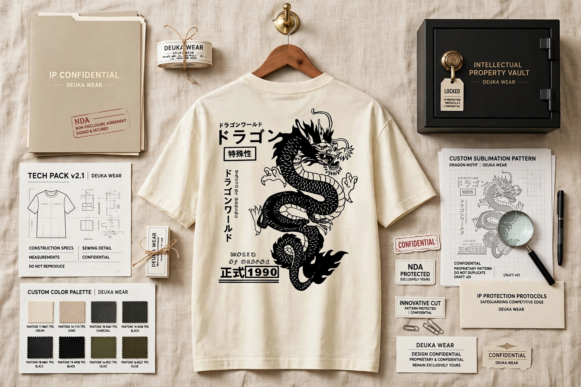 Beige t-shirt with black dragon graphic hanging surrounded by IP confidential NDA folders, tech pack, custom color palette, custom sublimation pattern sheets and intellectual property vault locked — design confidentiality 1536x1024