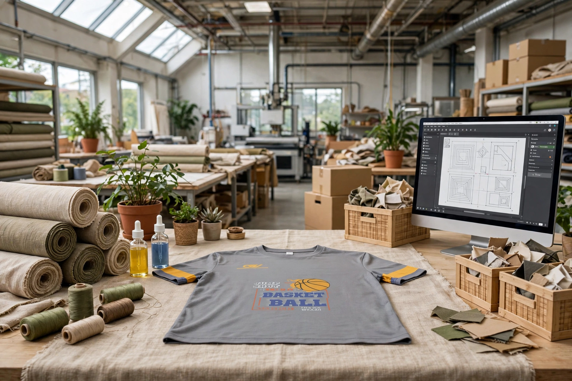 Grey jump shot basketball t-shirt on sustainable factory table with OEKO-TEX eco-friendly fabric rolls, water-based non-toxic inks, CNC zero-waste nesting screen and plants - ethical manufacturing 1536x1024