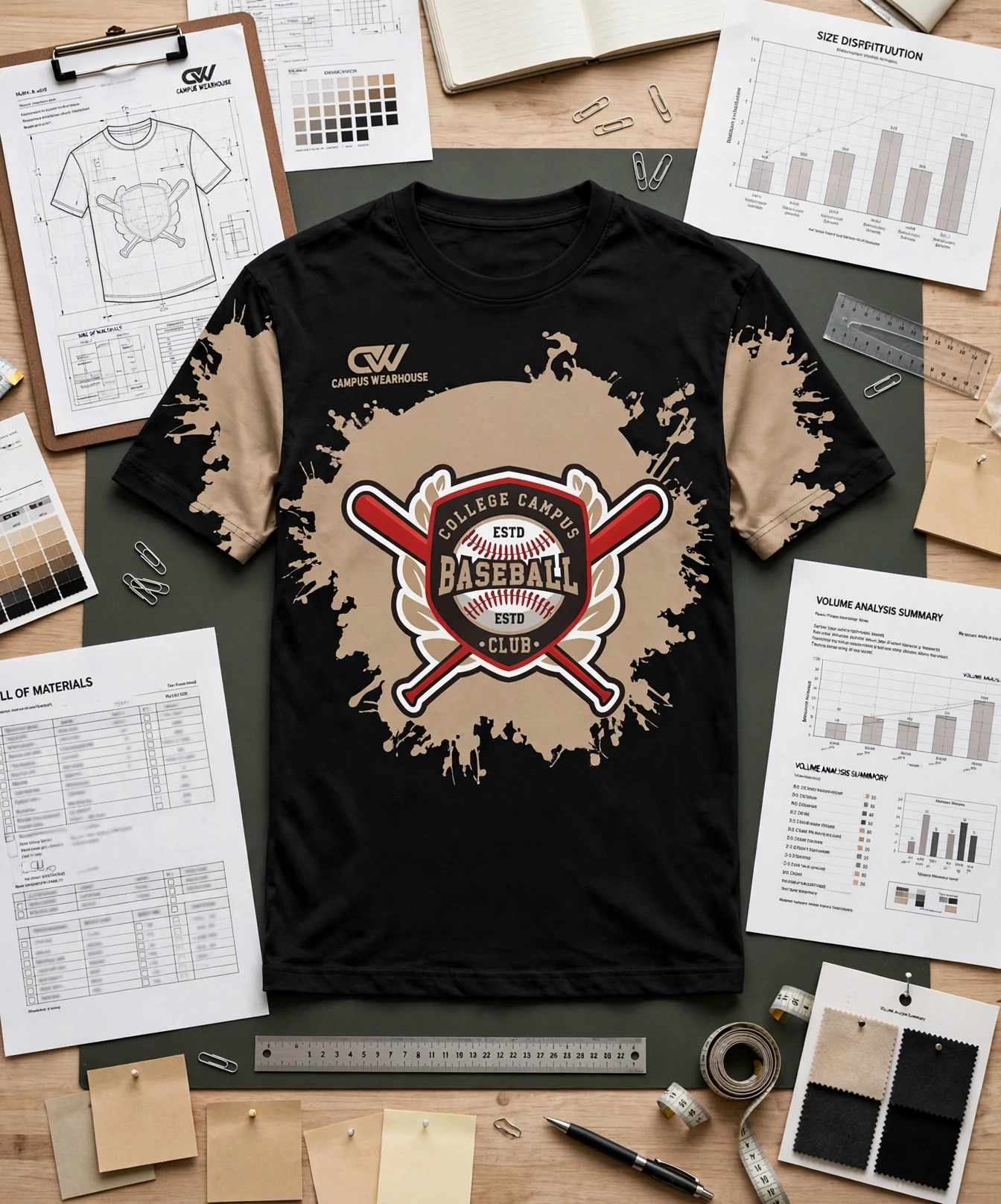College Campus Baseball Club black beige splatter shirt flat lay on engineering desk with tech pack drawing, bill of materials sheet, size distribution chart, volume analysis summary, fabric swatches - specification volume analysis 423x509