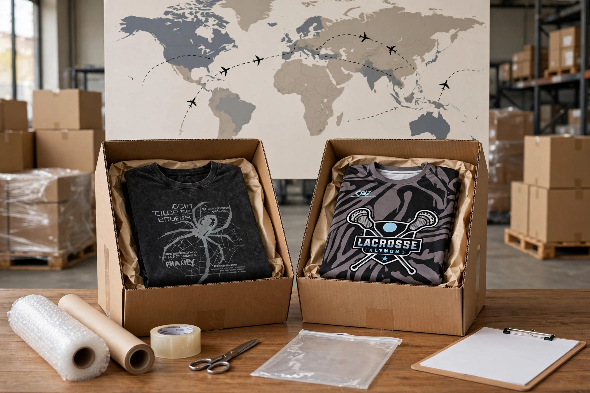 Black spider graphic tee and zebra stripe LACROSSE jersey packed in export cartons with world map showing air freight routes to USA Canada Europe Asia Africa - international export excellence door-to-door logistics 1536x1024
