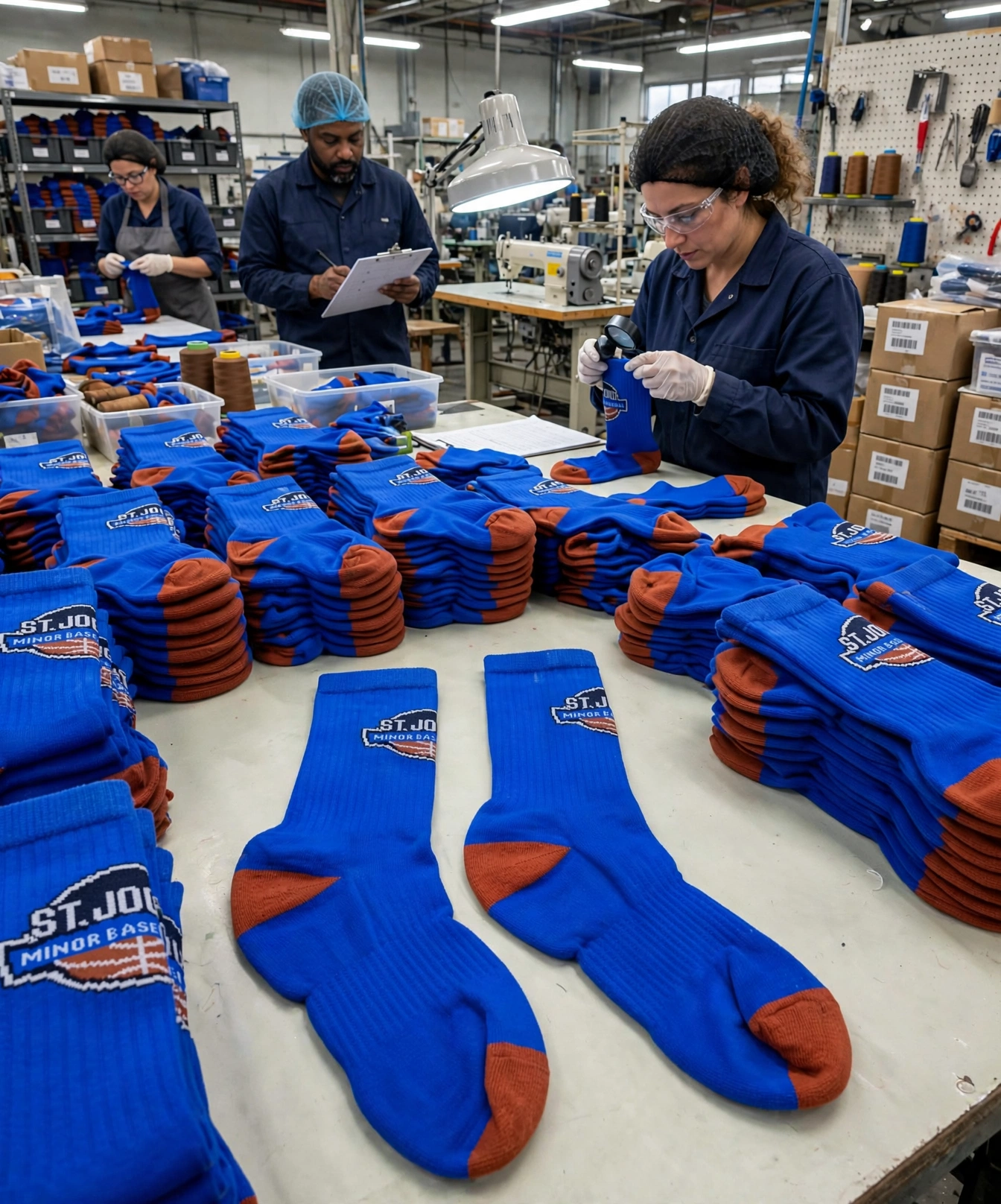 Royal blue ST. JOE Minor Baseball socks with brown heel toe logo patch on factory table with workers doing quality control inspection - bulk manufacturing 423x509