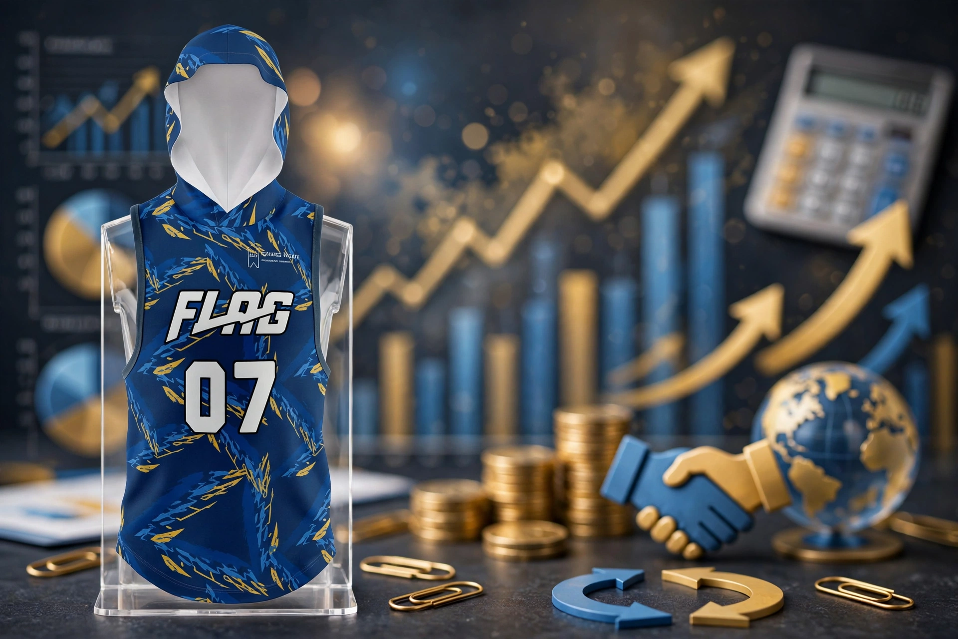 Blue FLAG 07 hooded sleeveless flag football jersey on acrylic stand with gold coins, growth arrows, bar charts, globe and handshake icons — flexible financial settlement volume incentives 1536x1024