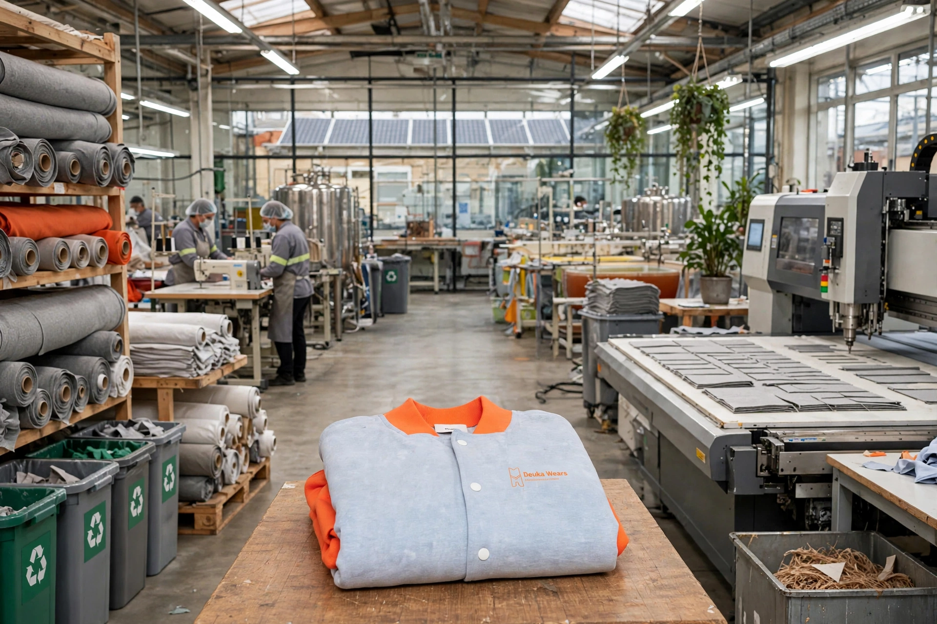 Light heather grey and bright orange Deuka Wears varsity jacket worn in sustainable ethical factory with OEKO-TEX certified fabric rolls, zero-waste CNC cutting table, recycling bins, and water-based ink tanks - sustainable and ethical manufacturing 1536x1024