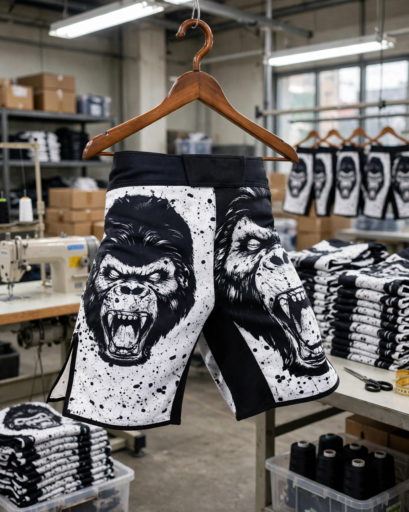 Black and white MMA shorts with two roaring gorilla faces hanging on wooden hanger in mass production factory with folded bulk stacks and sewing machines - mass production with timeline and quality control checkpoints