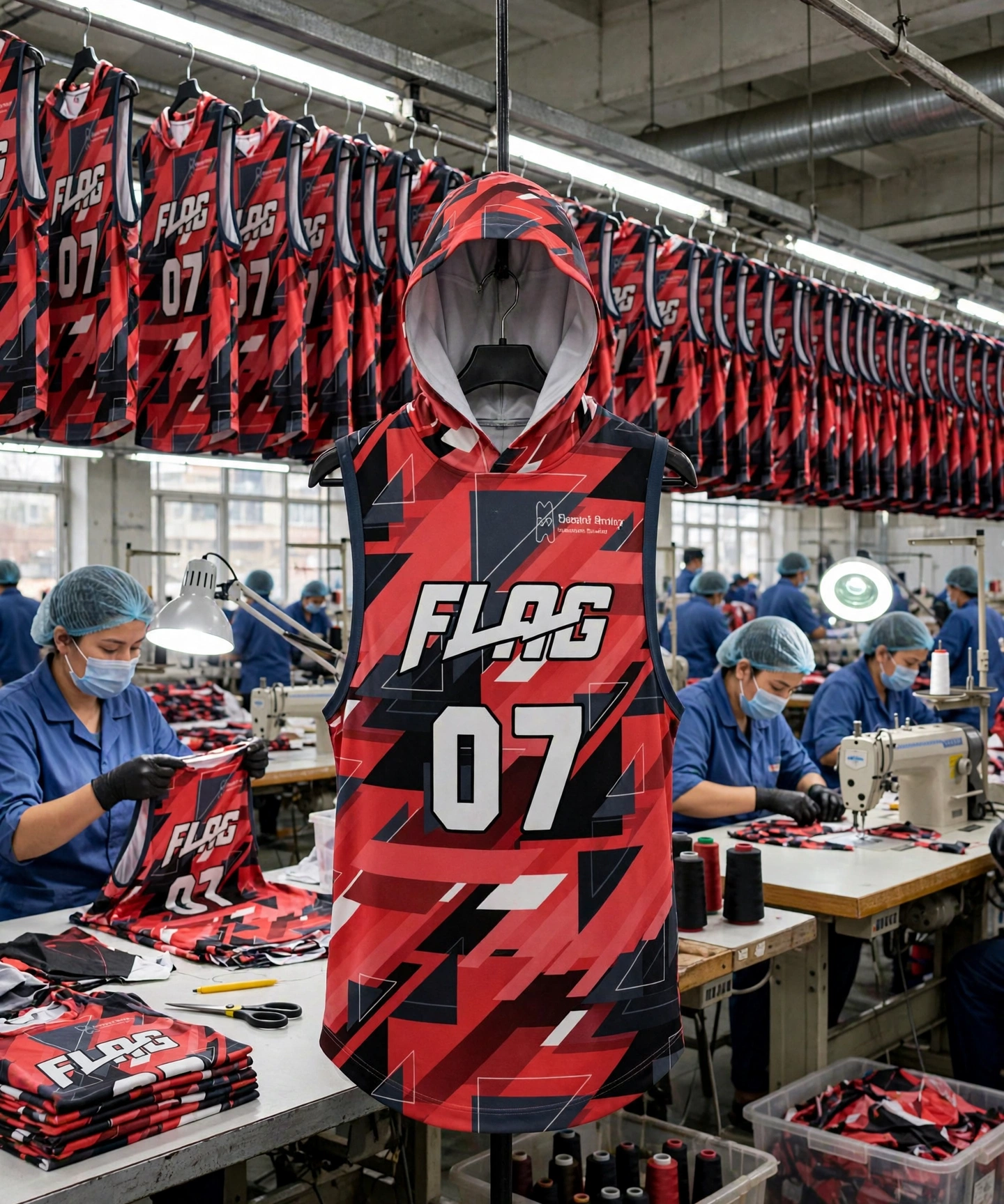 Red black geometric FLAG 07 sleeveless hooded jersey on hanger in factory with industrial-scale production sewing lines workers and quality control checkpoints - mass production execution 423x509