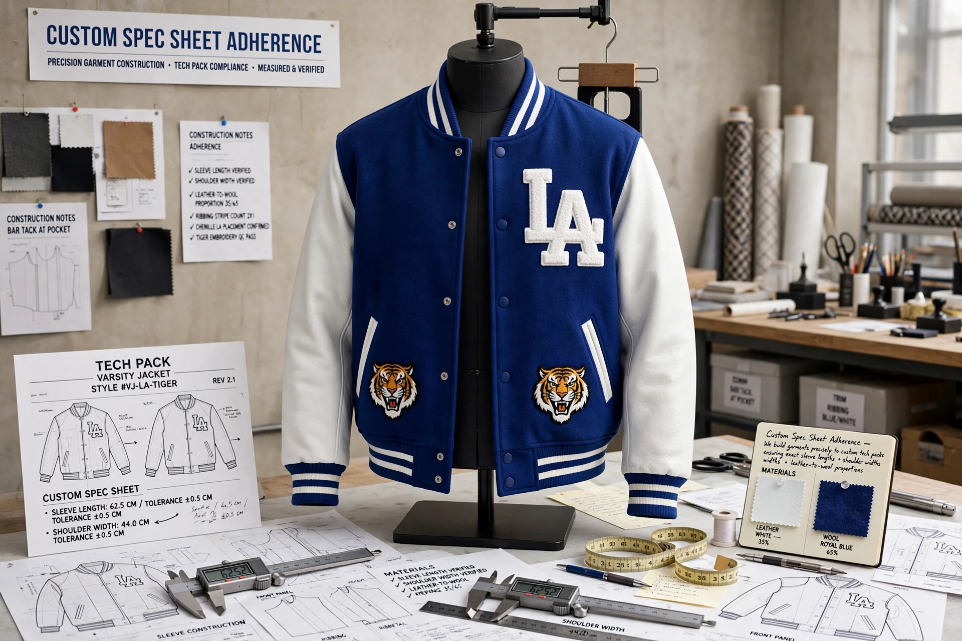 Royal blue LA varsity letterman jacket with white leather sleeves and tiger patches on dress form with tech pack spec sheets measuring sleeve length shoulder width and leather to wool proportions - custom spec sheet adherence by Deuka Wears