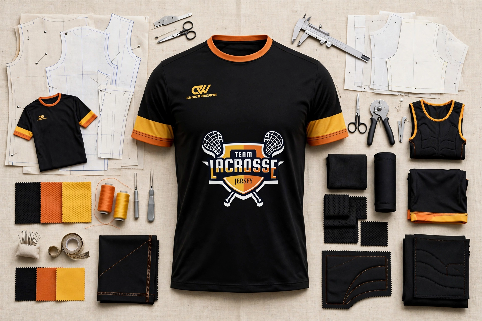 Black TEAM LACROSSE JERSEY with orange yellow stripes flat-lay surrounded by tech pack pattern papers, fabric swatches, thread spools, caliper, scissors, ergonomic paneling samples - OEM services 1536x1024