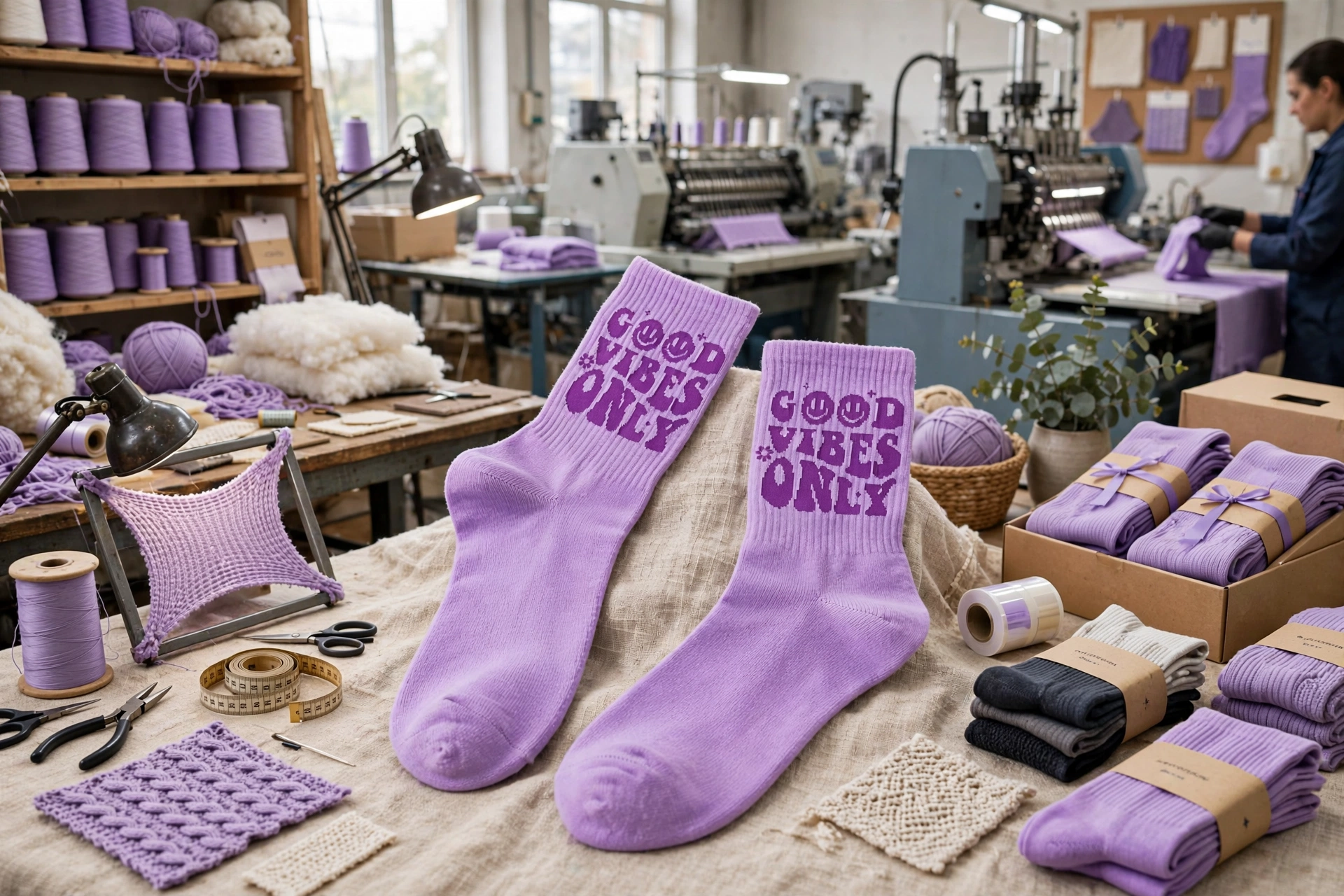 Lavender GOOD VIBES ONLY crew socks with purple retro text on factory table with yarn spools knitting machines quality tools - strategic power of direct factory partnerships in sock manufacturing 1536x1024
