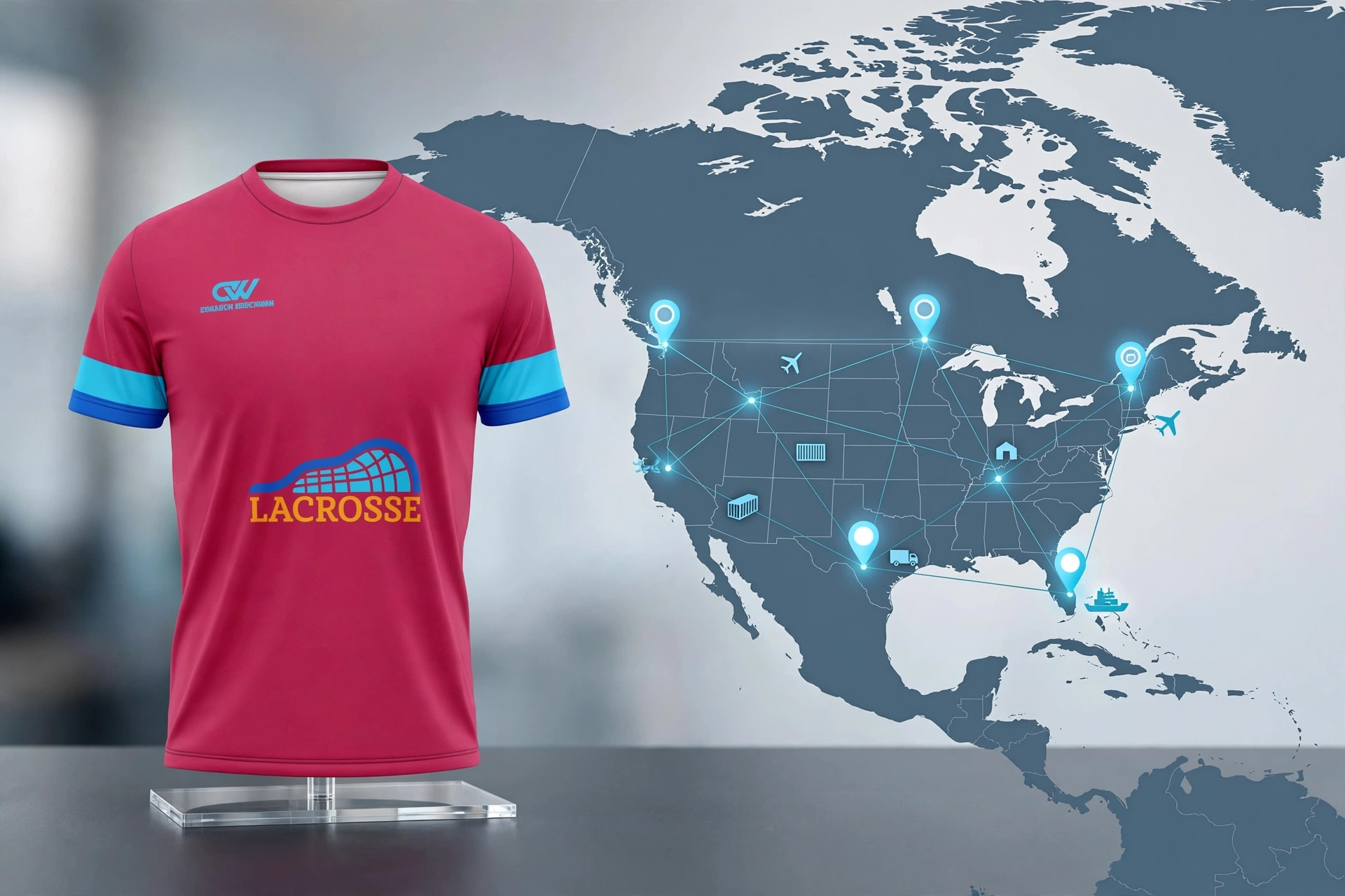 Magenta LACROSSE t-shirt on stand with USA Canada map showing distribution hubs California Texas New York Florida Ontario British Columbia connected lines - dedicated regional distribution hubs 1536x1024