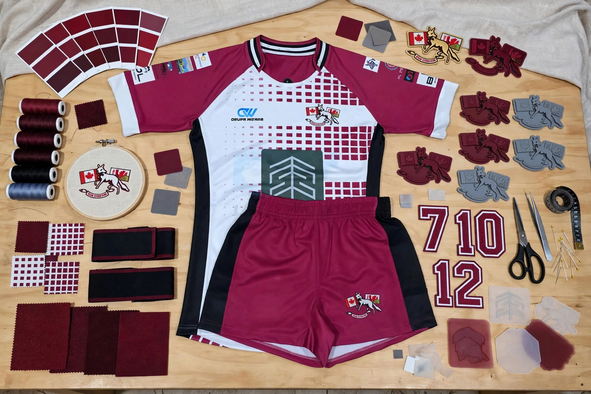 Customization options for maroon white rugby kit showing Pantone color matching embroidery 3D silicone crests and personalized player numbers