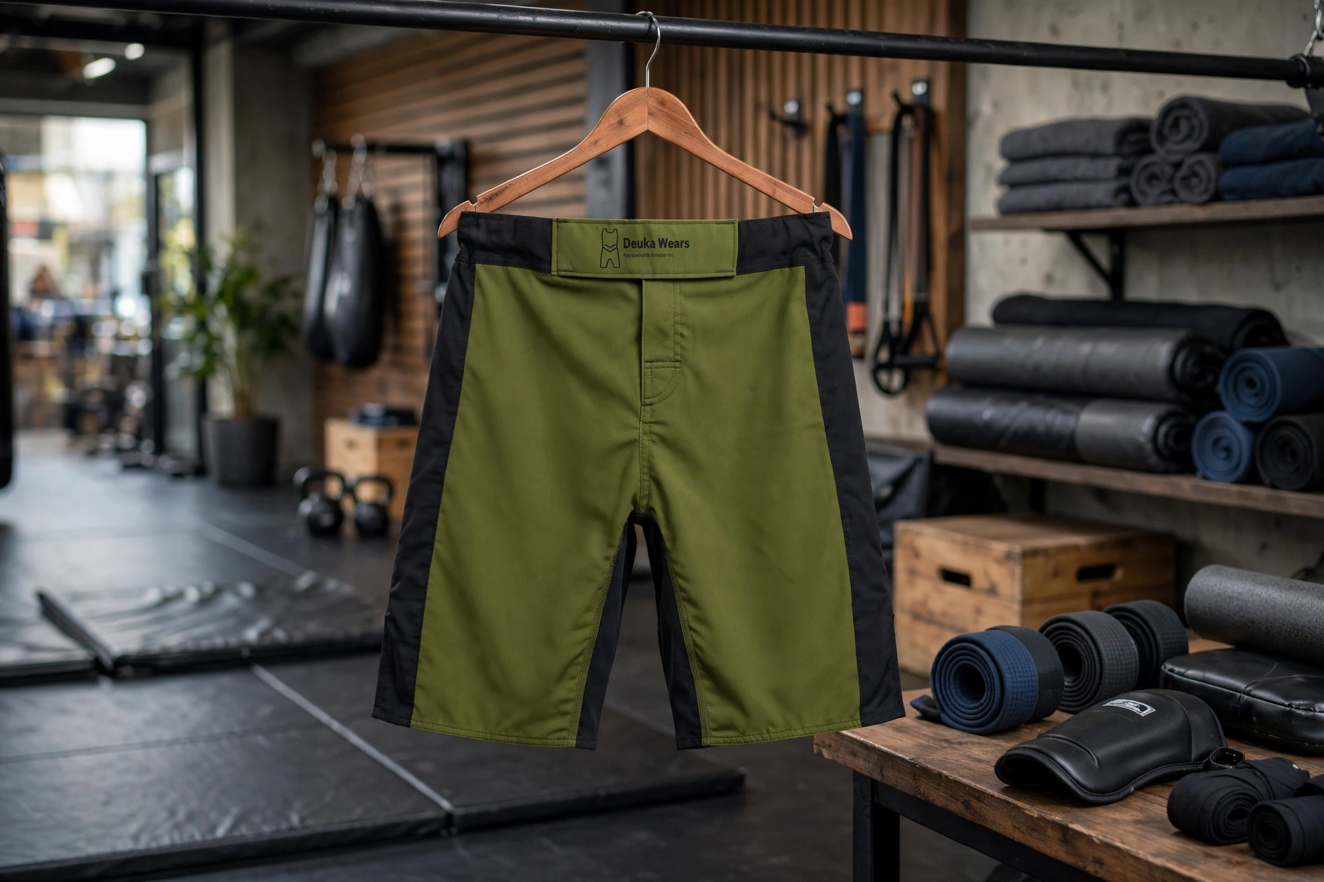 Olive green and black hybrid grappling MMA shorts with Deuka Wears waist patch hanging on hanger in MMA grappling gym with mats and belts - mid-thigh length for striking and grappling