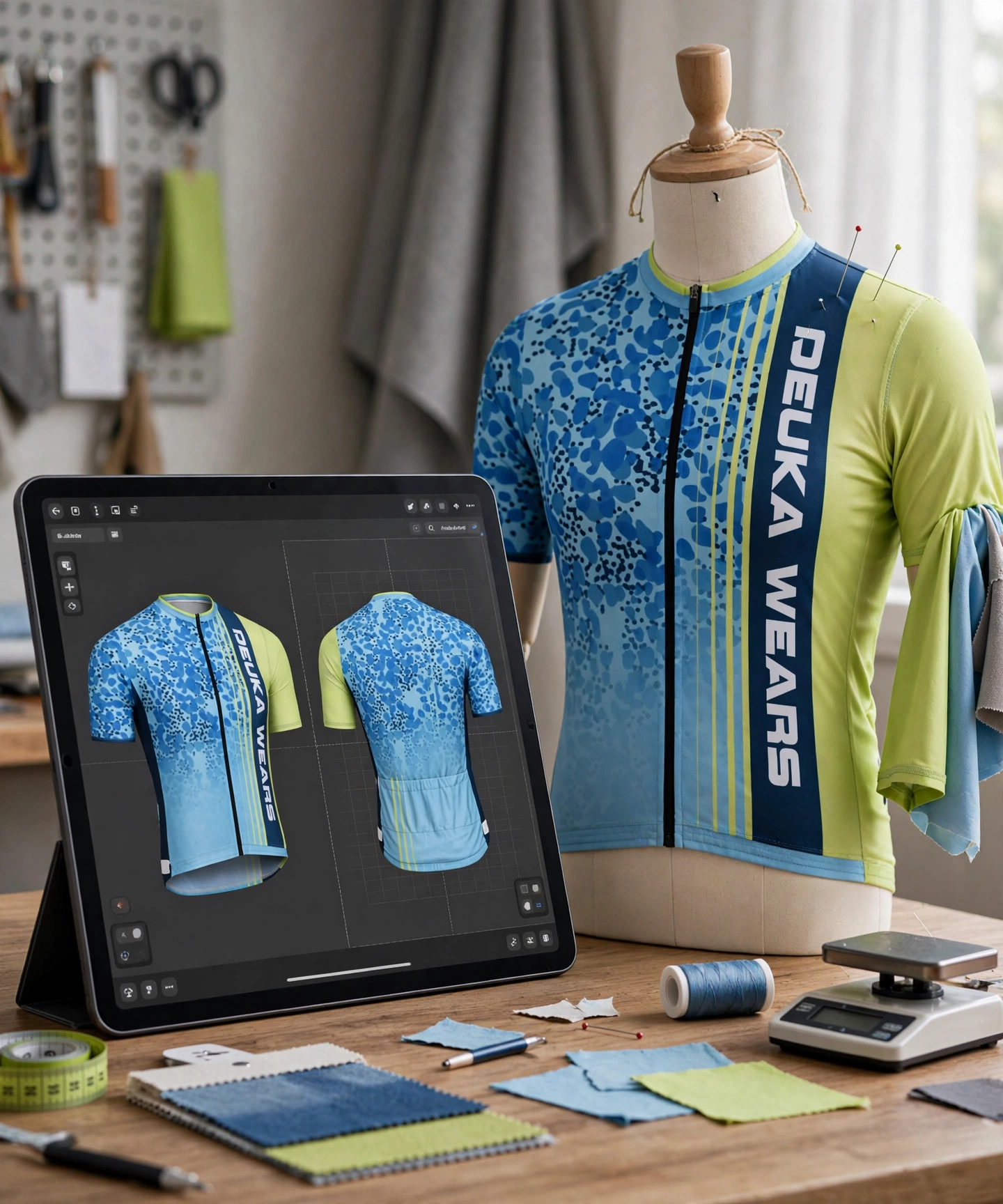 Mockup and sample approval Deuka Wears cycling jersey 3D digital rendering tablet and physical sample on mannequin checking fit fabric weight