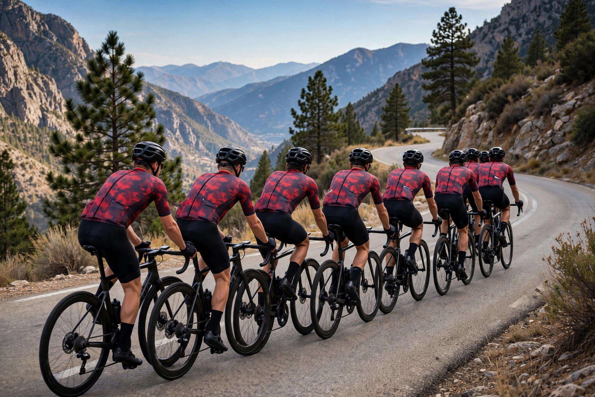 Outfit your peloton ultimate road dominance team in red Deuka Wears cycling jerseys attacking mountain switchback paceline elite discipline