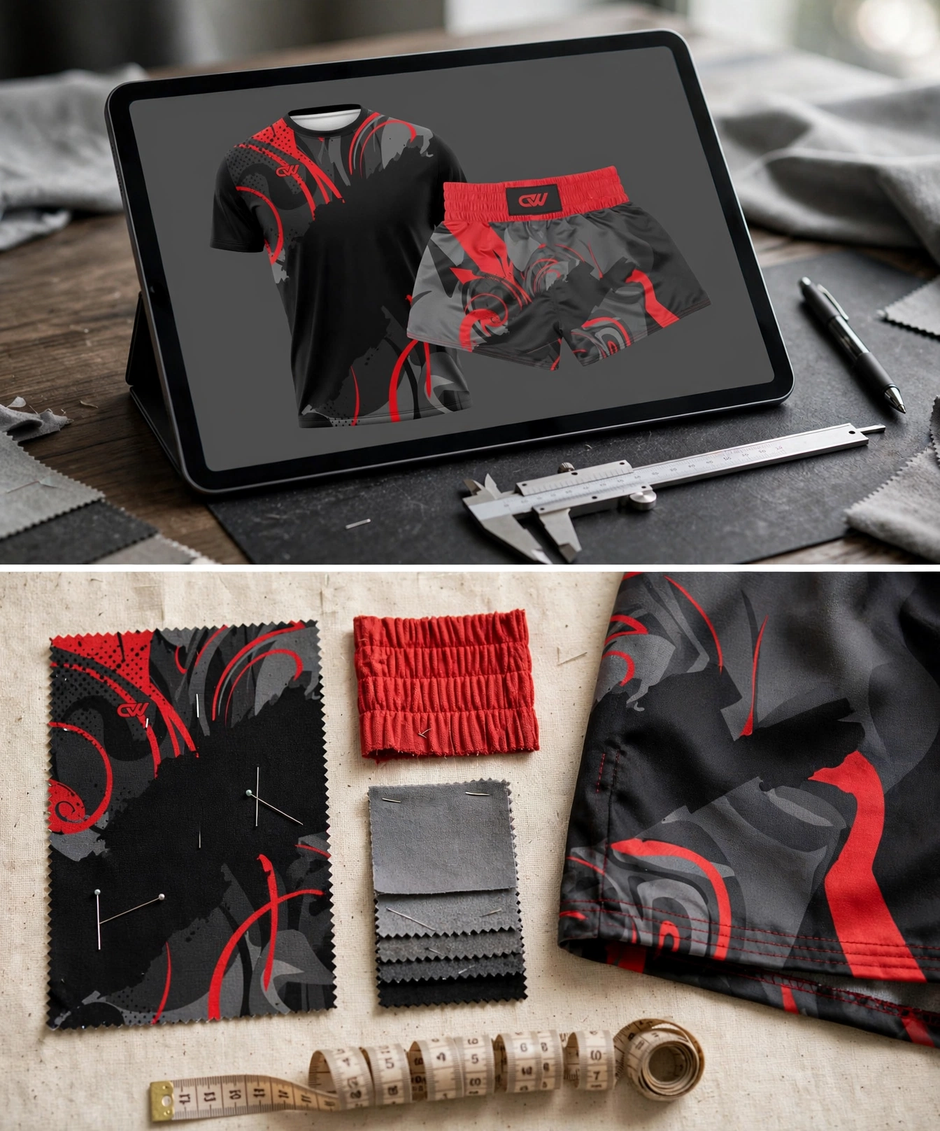 Black and red Muay Thai shirt and shorts digital mockup on tablet and physical sublimated strike-off fabric swatches with measuring tools - digital proofing and physical sample prototyping for color accuracy 423x509