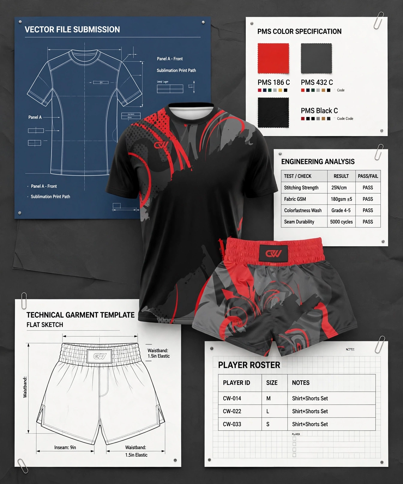 Black and red Muay Thai shirt and shorts set on technical board with vector file submission blueprint, PMS color specification red black grey swatches, technical garment template flat sketch and player roster sheet - artwork vector file submission 423x509