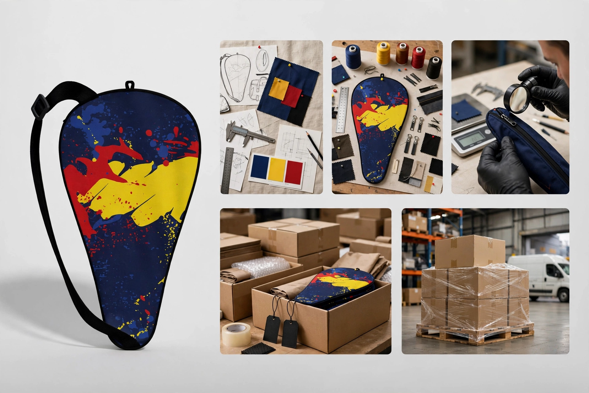 Custom navy blue paddle cover with yellow red splatter and black strap on white background with 5 steps - tech pack sketches fabric swatches, prototype with thread spools, QC inspection with magnifier, packing in master cartons with hangtags, palletized global delivery