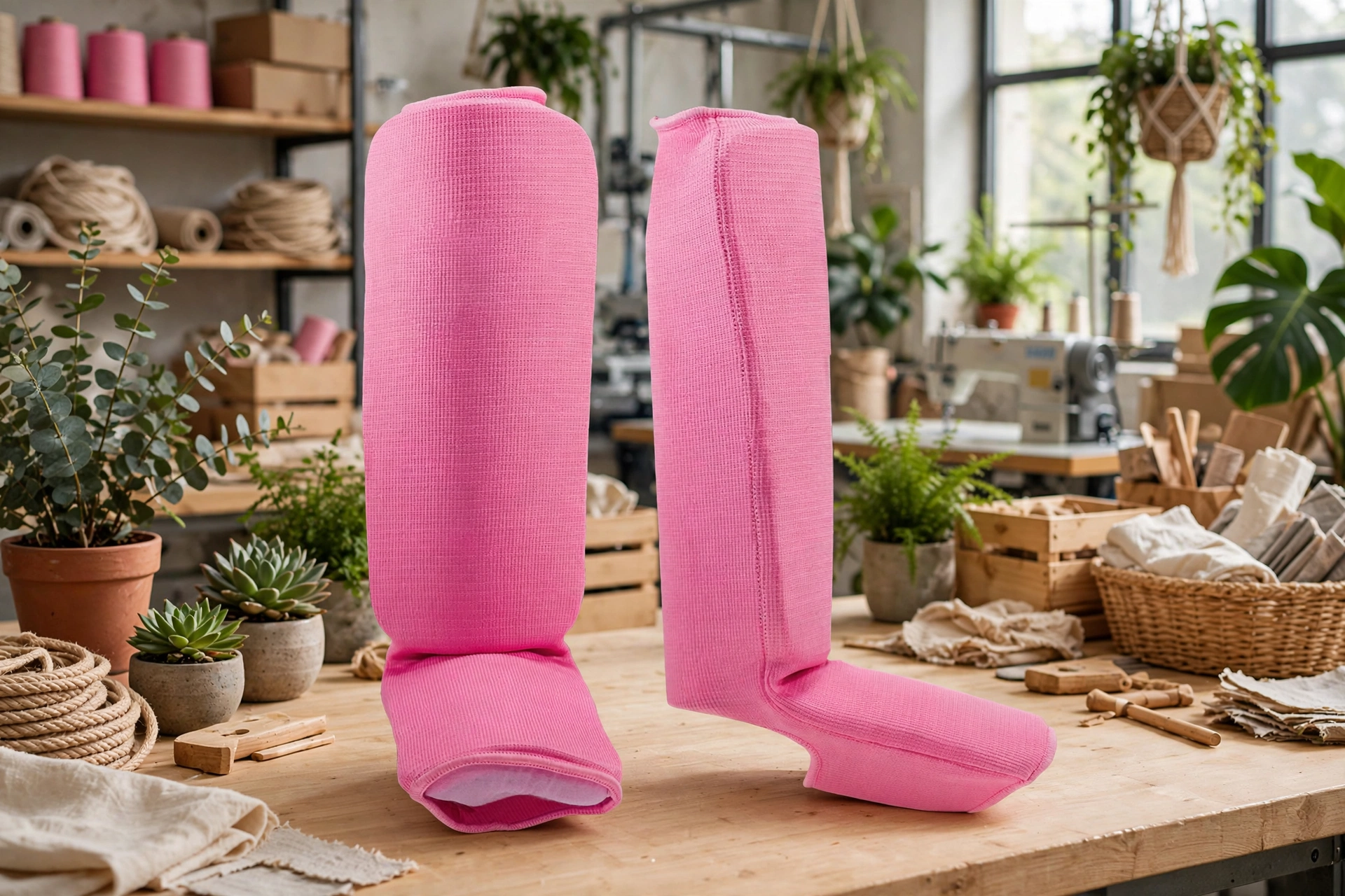 Plain pink elastic shin guards without logo on sustainable eco-friendly factory workbench with green plants and natural materials - sustainable manufacturing ethical compliance