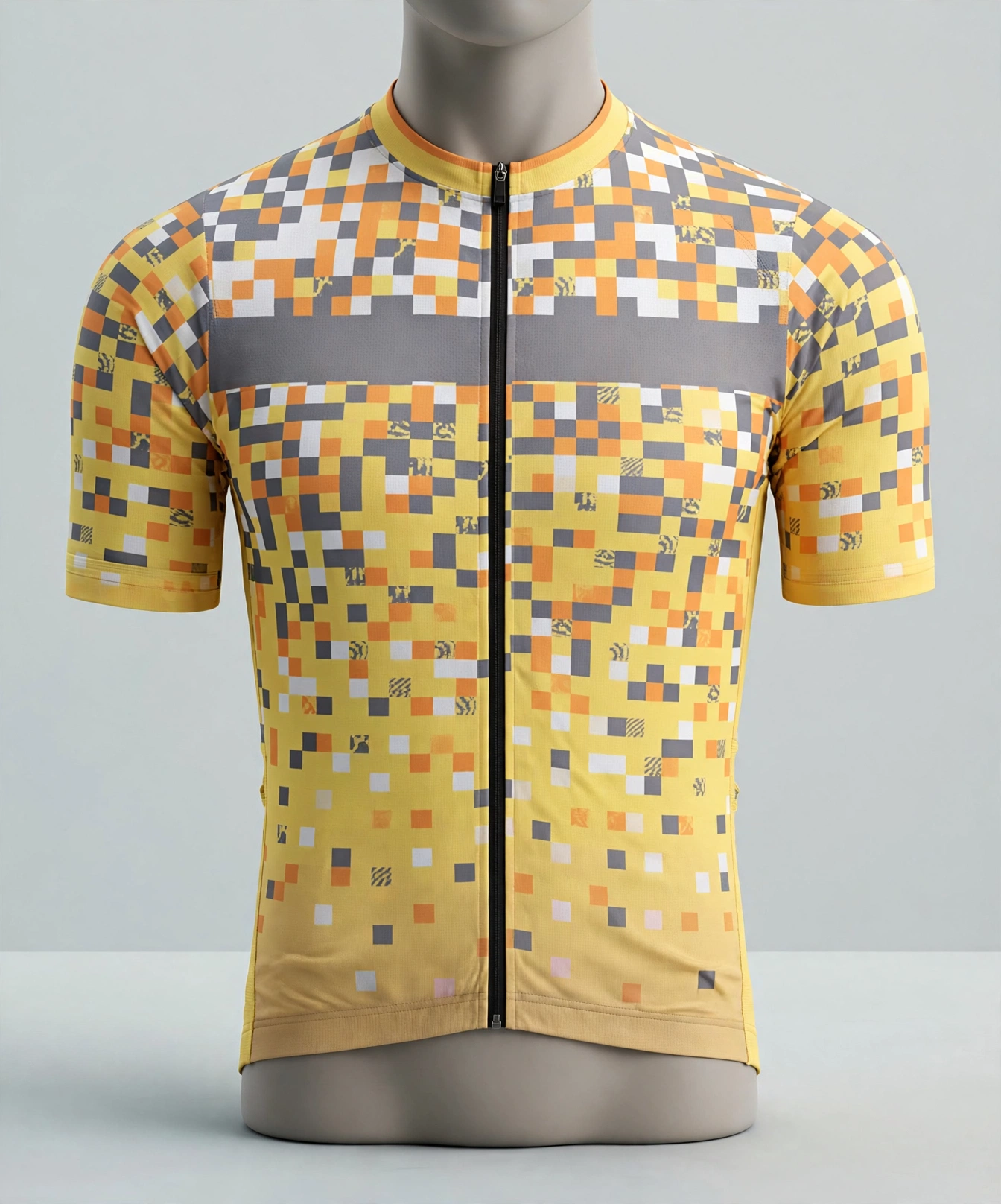 Yellow pixelated DELIKA cycling jersey on torso mannequin showing 3D digital rendering mockup for fit and fabric weight sample approval — custom sublimation 423x509