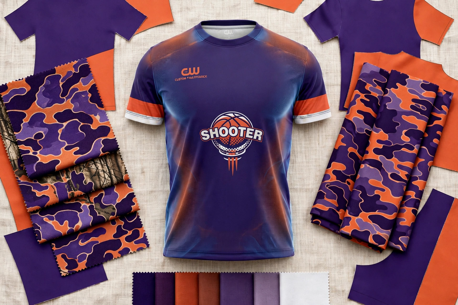Purple SHOOTER basketball jersey with orange white sleeve stripes displayed on design table with custom camouflage patterns bespoke color palettes compression mapping swatches - exclusive product differentiation 1536x1024