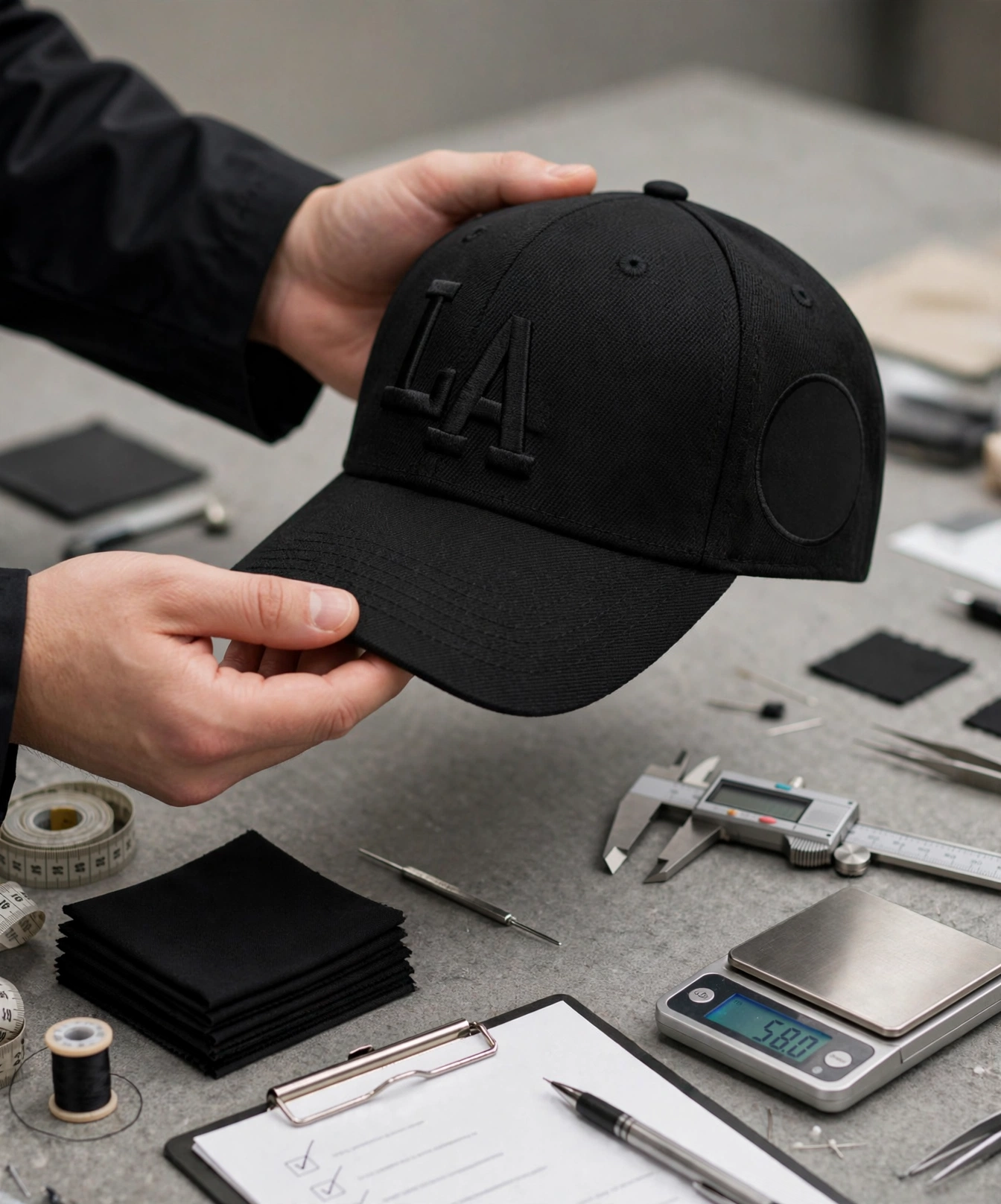 Hands inspecting black LA baseball cap with tonal 3D embroidered LA logo over quality control table with fabric swatches, digital caliper, weight scale, measuring tape