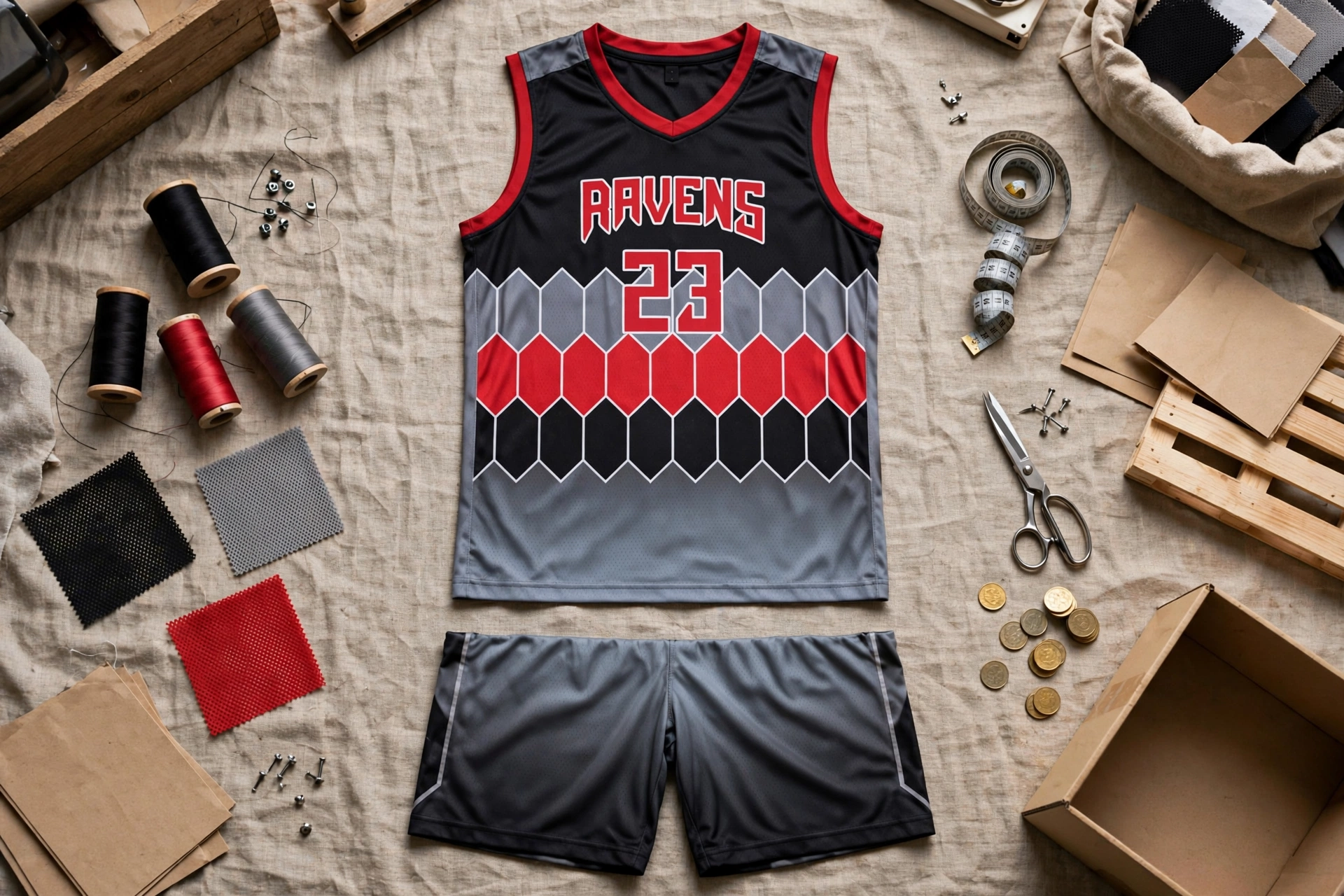 Black grey red RAVENS 23 honeycomb basketball jersey and shorts flatlay with thread spools fabric swatches and coins showing direct-to-factory sourcing - protected profit margins 1536x1024