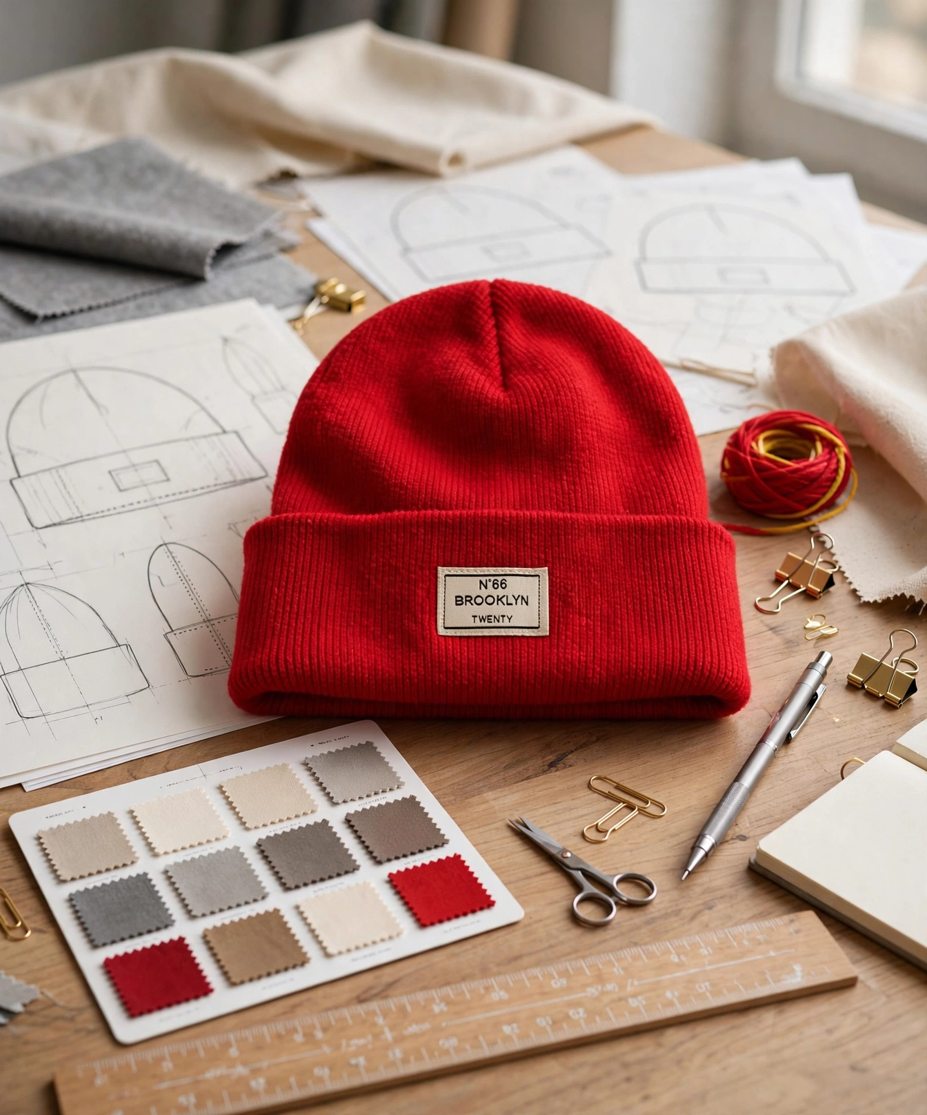 Red ribbed beanie with N°66 BROOKLYN TWENTY patch on design desk surrounded by tech pack sketches, fabric swatches and color references
